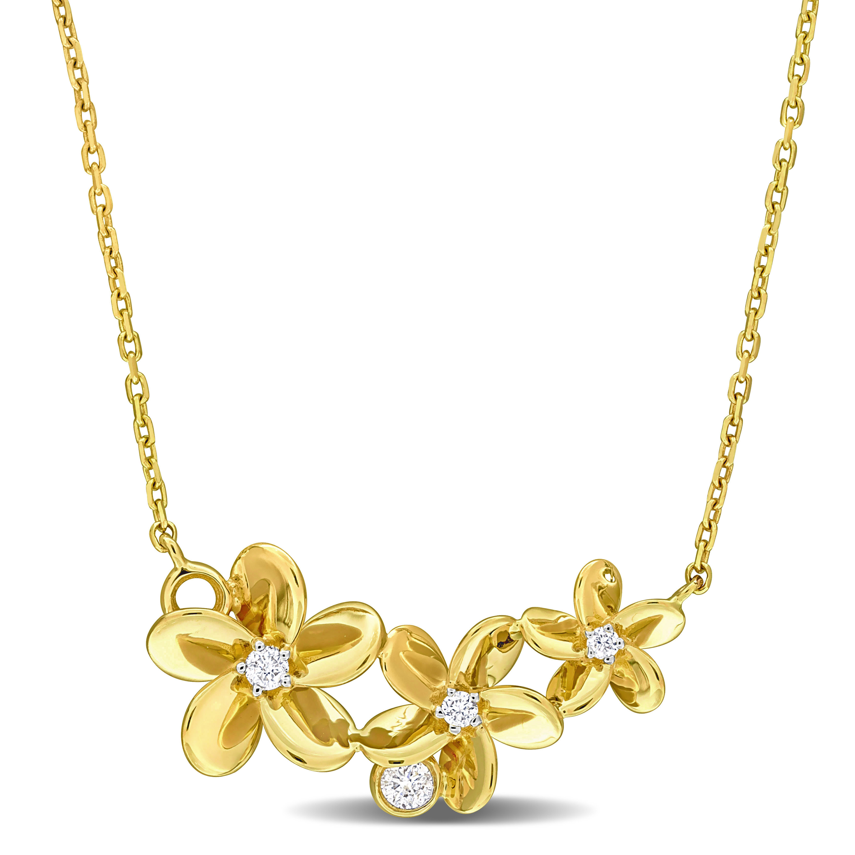 1/10 CT TDW Diamond Triple Flower Necklace in 10k Yellow Gold - 17+1 in