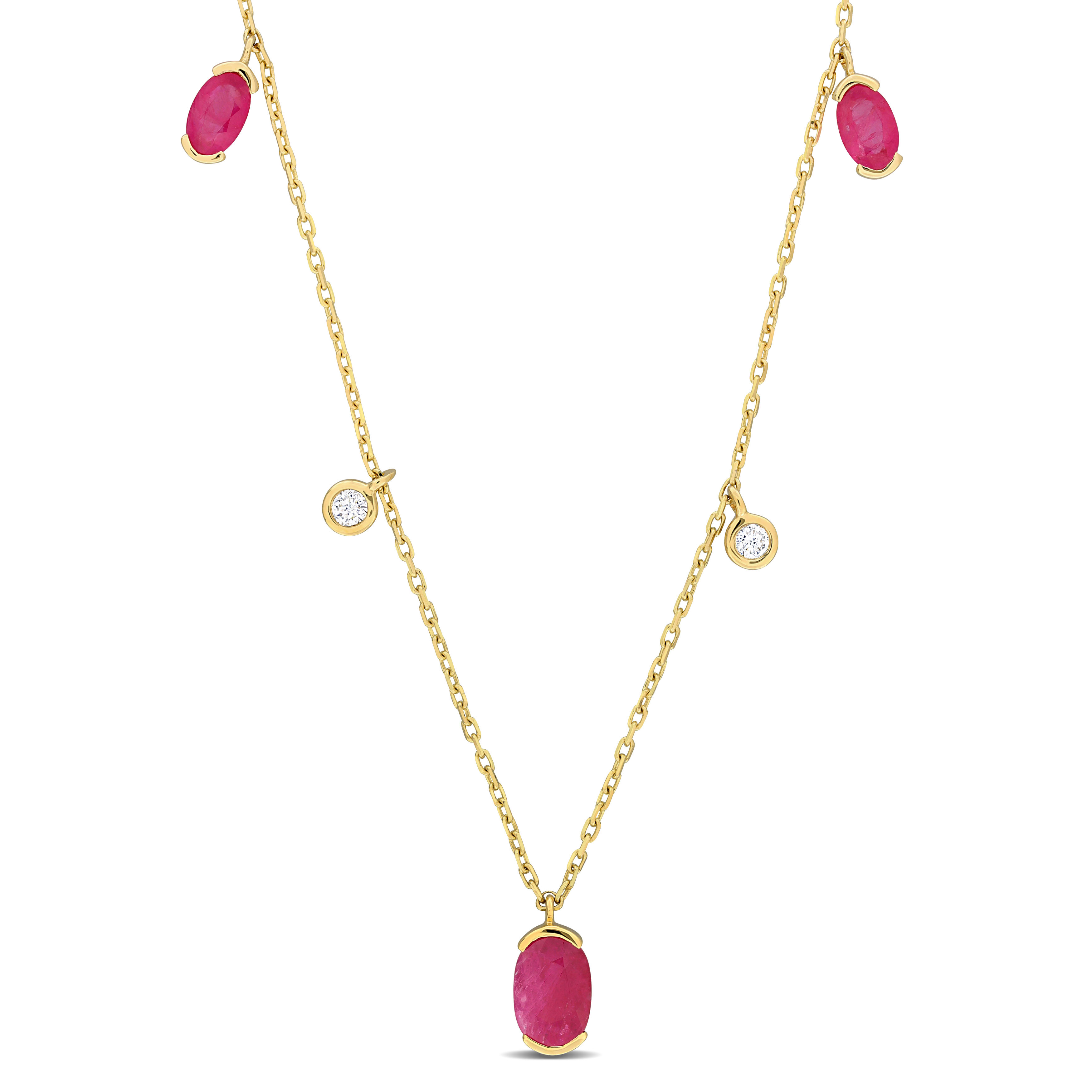 1 1/10 CT TGW Oval Ruby & 1/10 CT TDW Diamond Station Necklace in 10k Yellow Gold - 17 in.