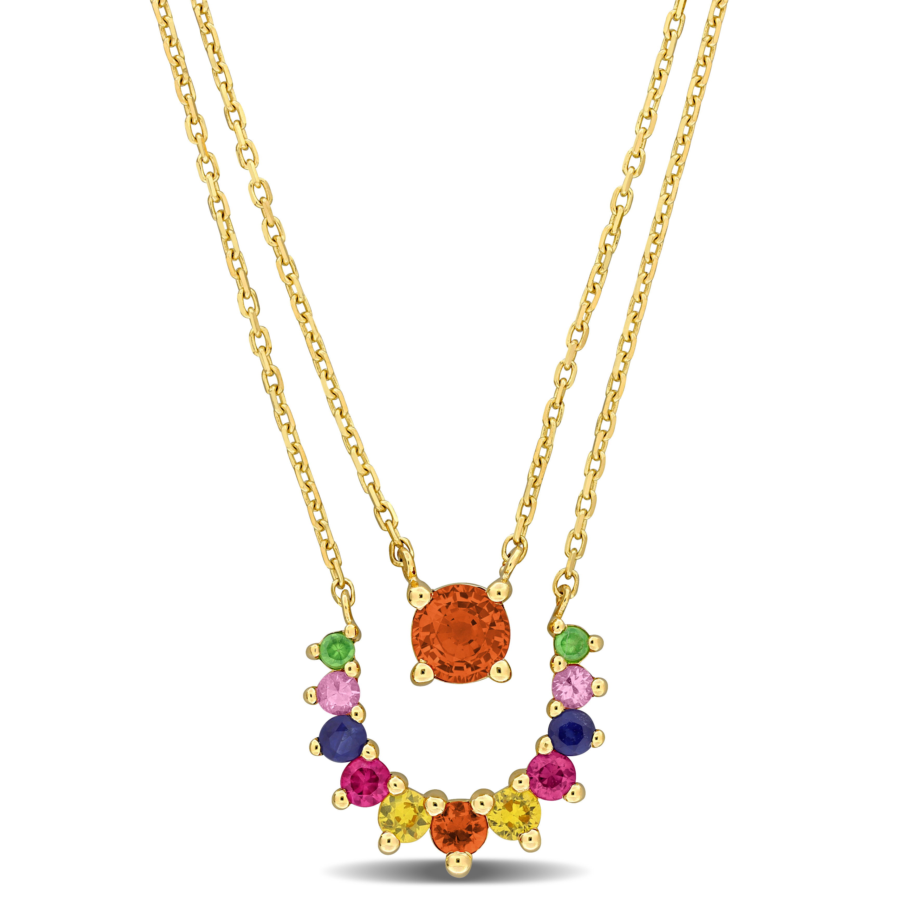 1 CT TGW Multi-Color Sapphire and Tsavorite Double Layered Necklace in 10k Yellow Gold - 17 in.