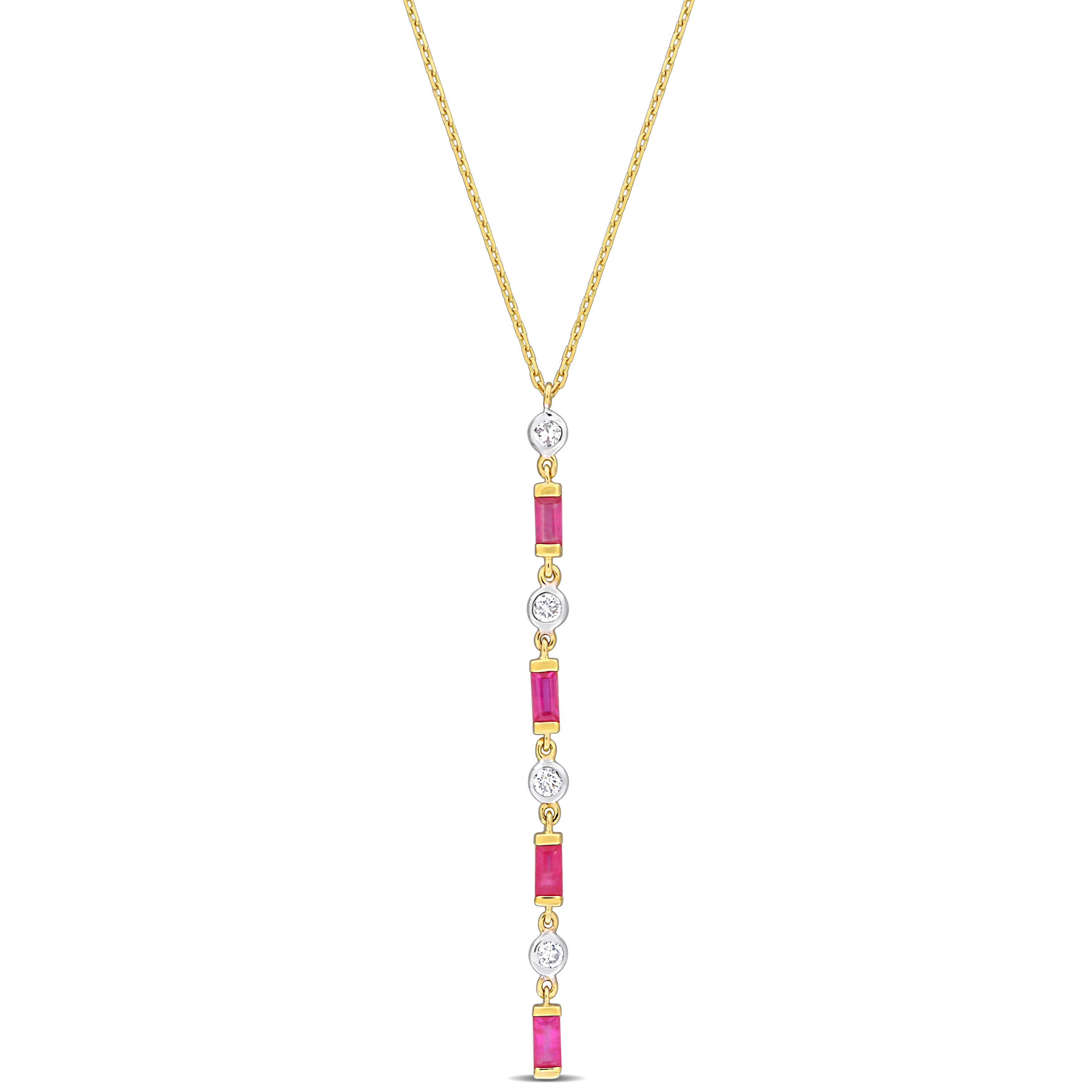 1/5 CT TDW Diamond & 1/6 TGW Baguette Cut Ruby Lariat Necklace in 10k Yellow Gold- 16.5 in.
