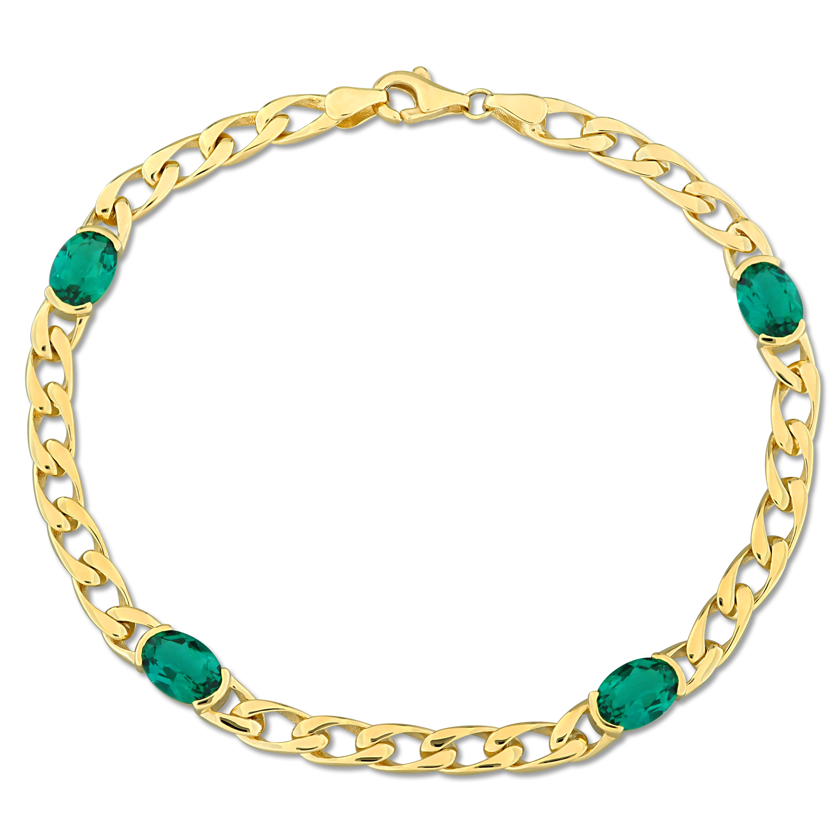 2 4/5 CT TGW Oval-Cut Created Emerald Curb Link Station Bracelet in 10k Yellow Gold - 7.5 in.