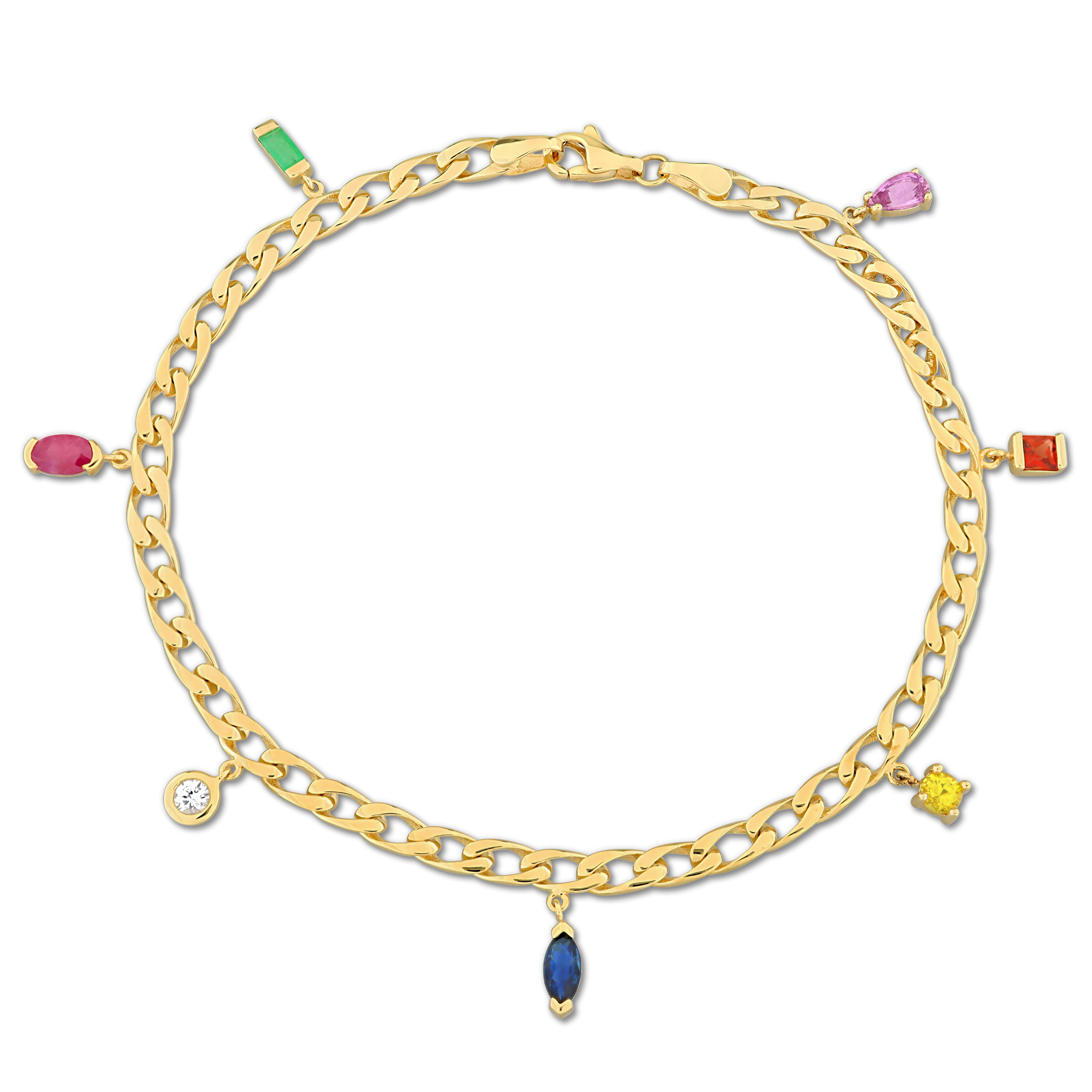 1 1/3 CT TGW Multi-Color Sapphire Ruby Emerald Charm Bracelet in 10k Yellow Gold - 7.5 in.