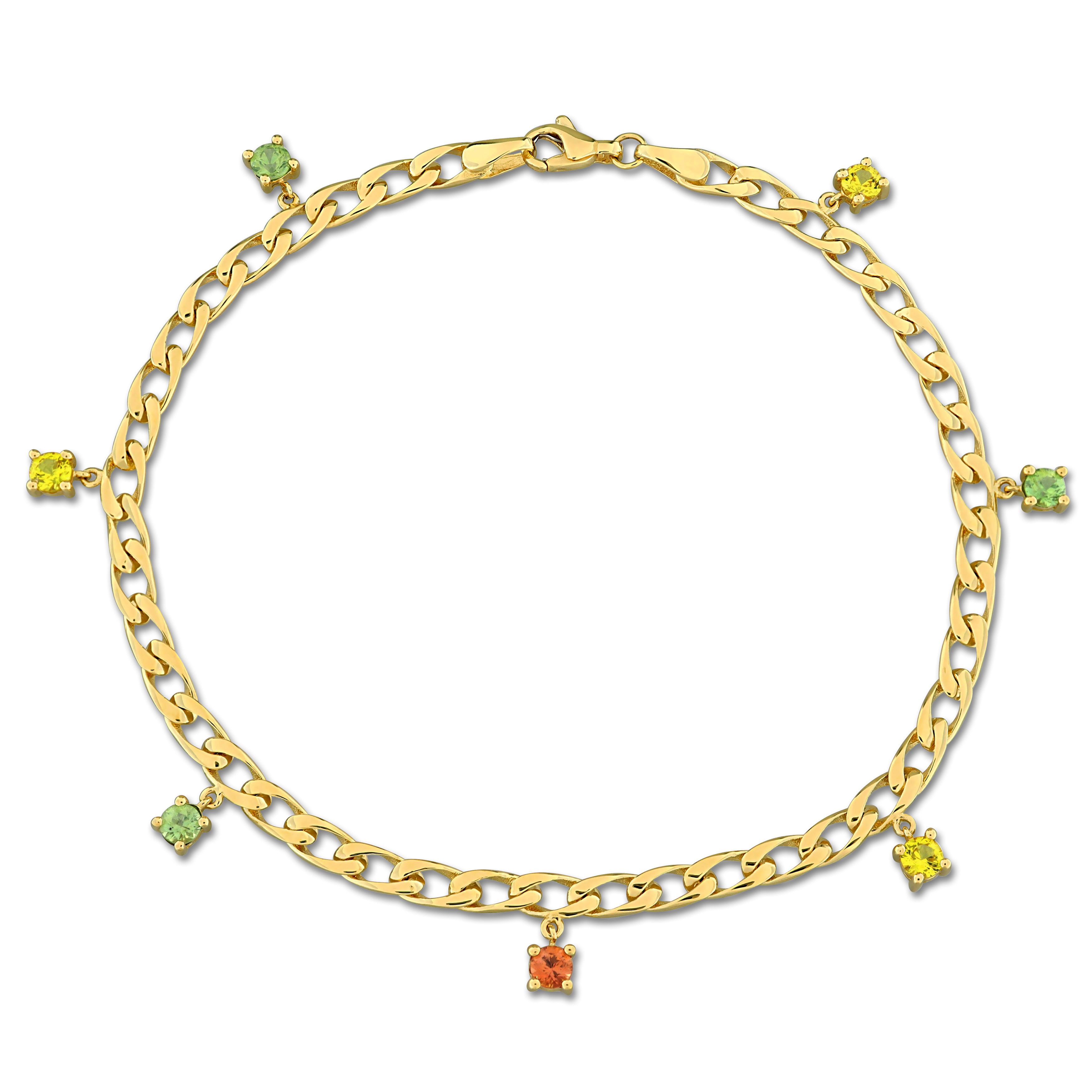 7/8 CT TGW Yellow Green and Orange Sapphire Charm Bracelet in 10k Yellow Gold - 7.5 in.