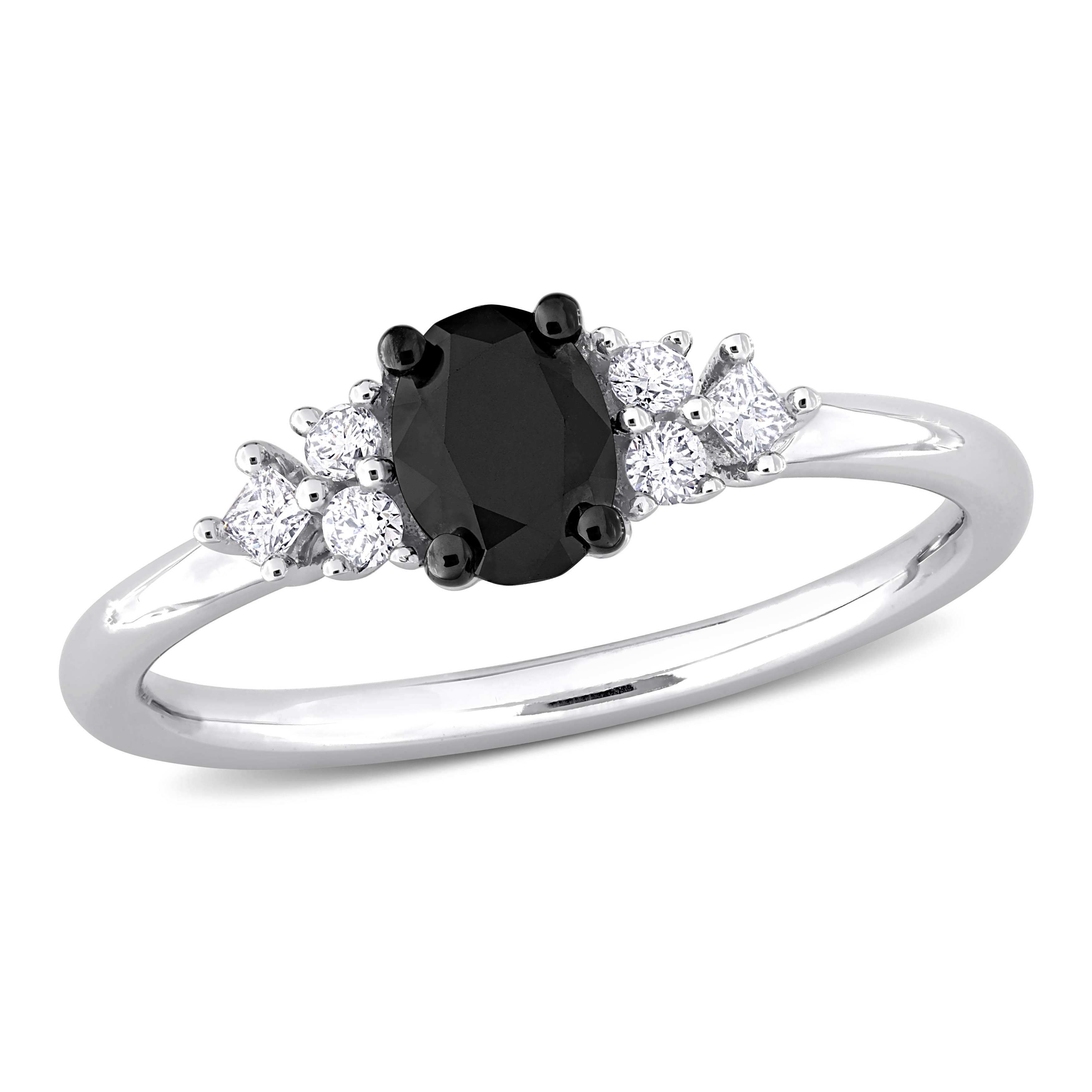 3/4 CT TDW Black and White Princess-Cut and Multi-Shape Diamonds Seven-Stone Ring in 14k White Gold