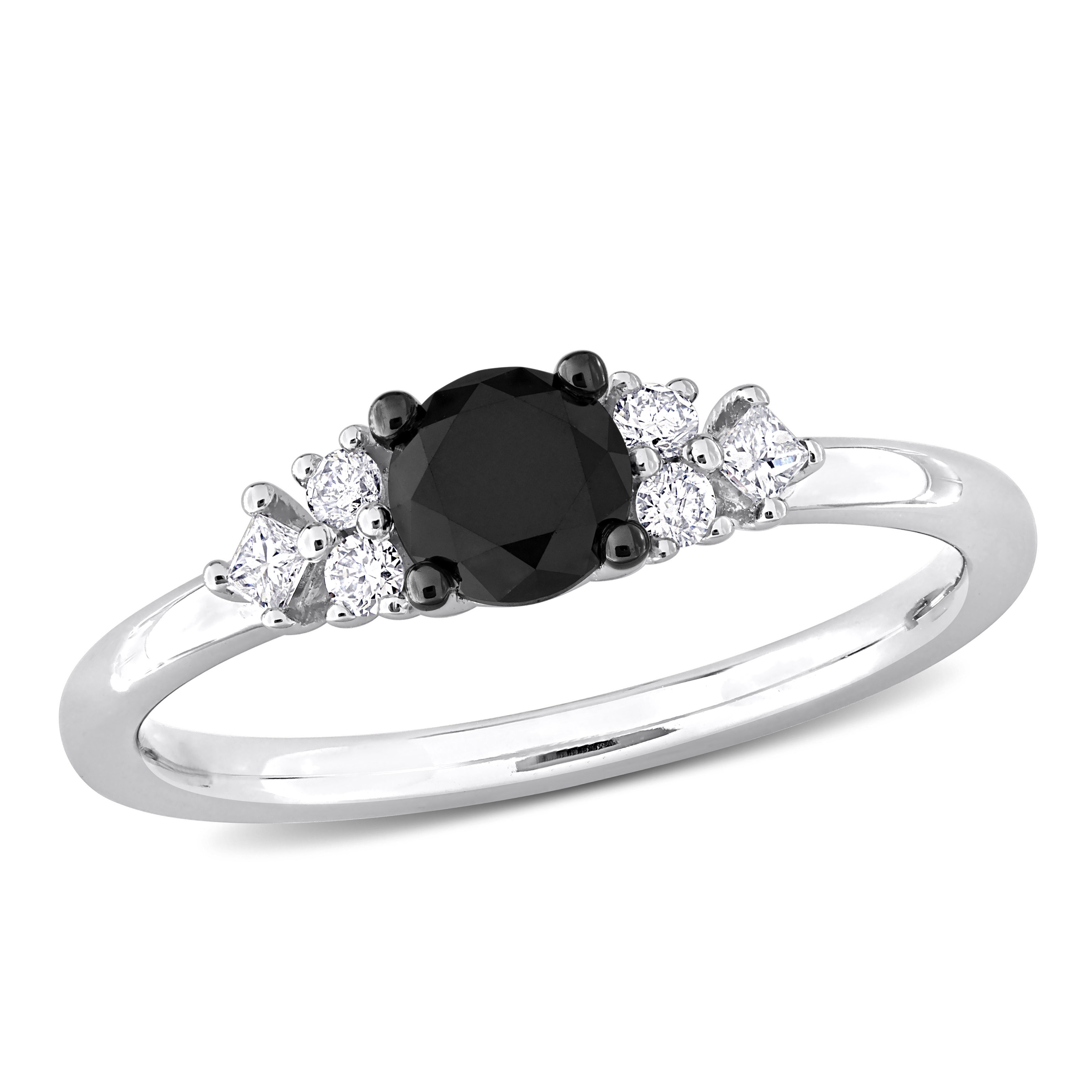 5/8 CT TDW Black and White Princess and Round-Cut Diamond Engagement Ring in 14k White Gold