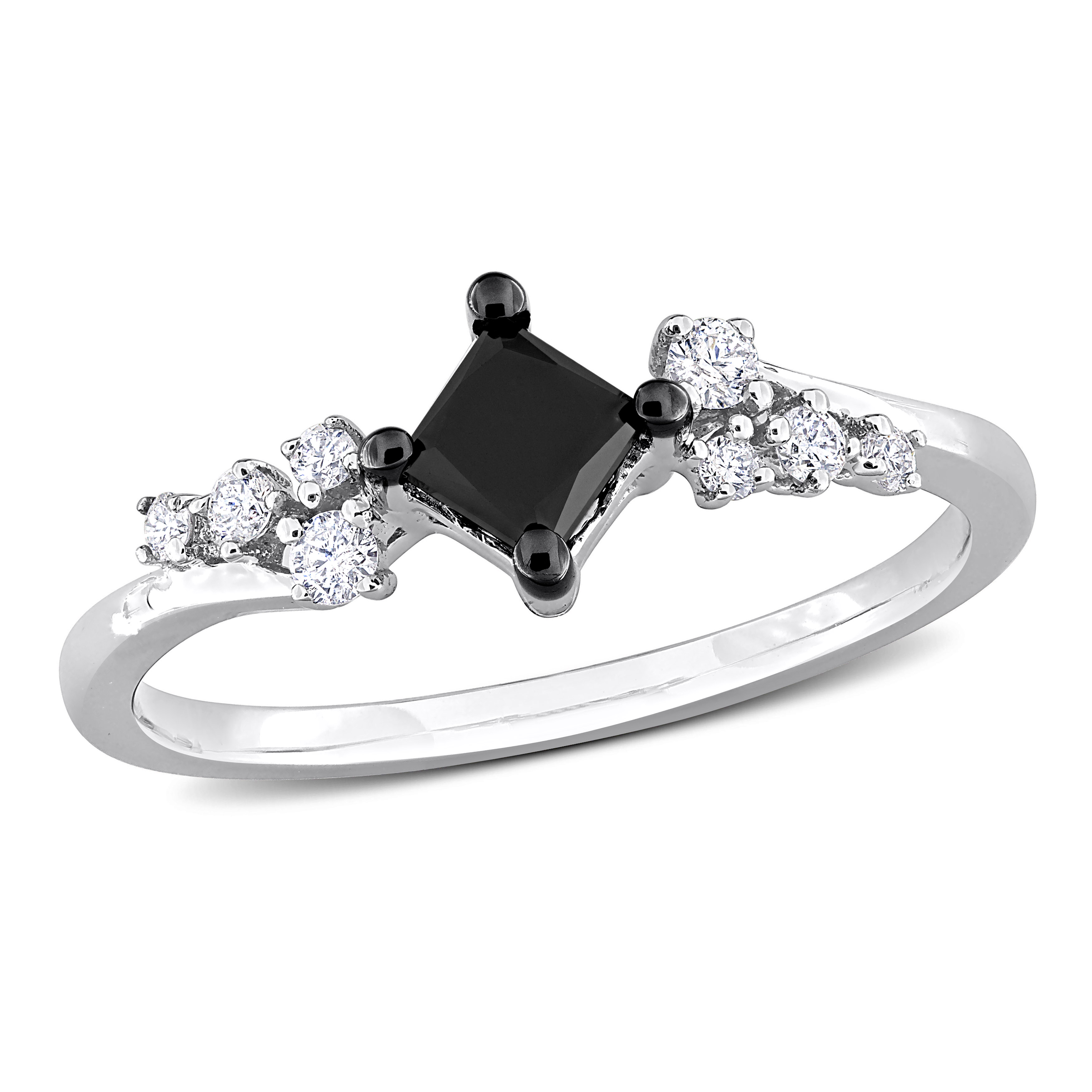 3/4 CT TDW Black and White Princess-Cut and Round-Cut Diamonds Vintage Ring in 14k White Gold