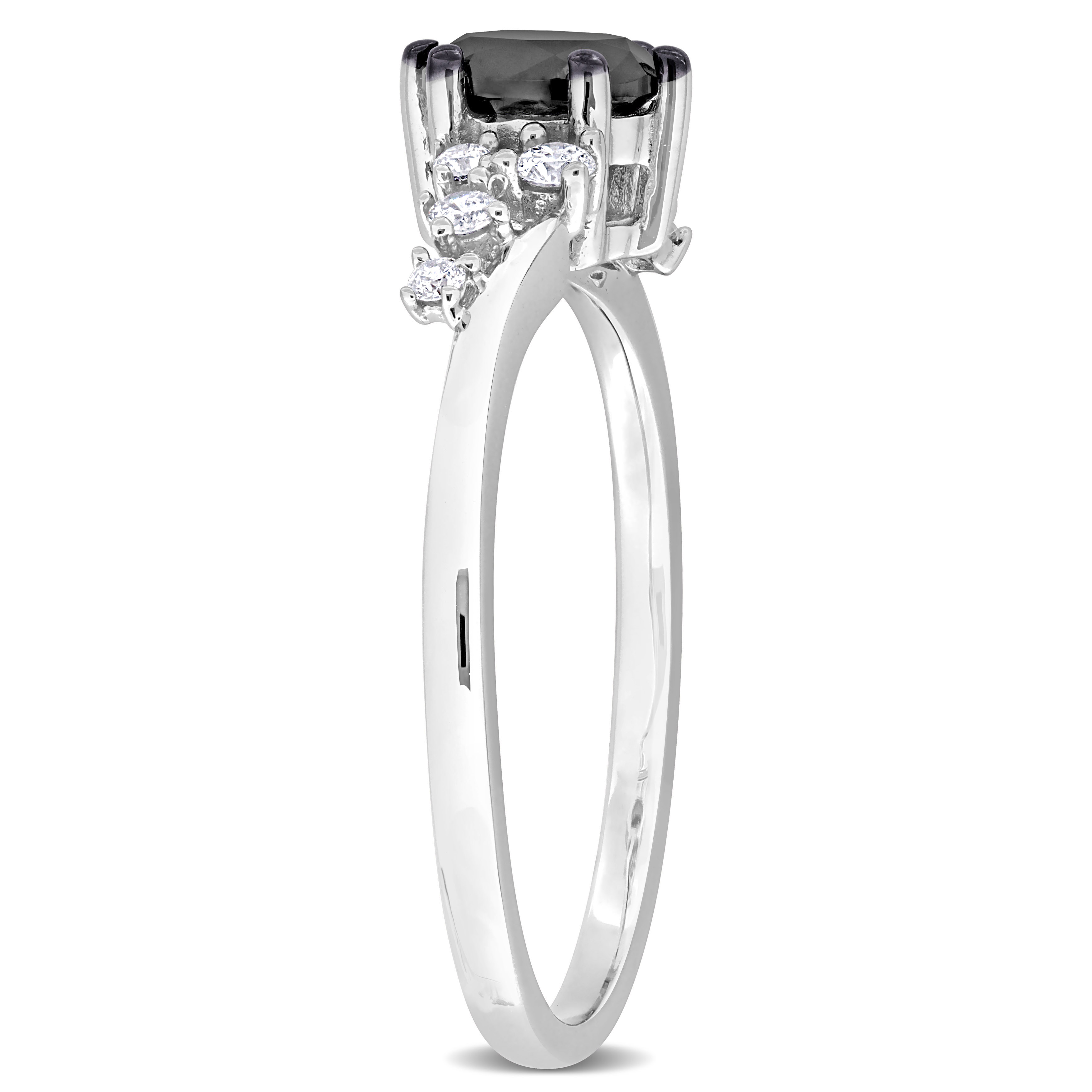 3/4 CT TDW Black and White Oval and Round-Cut Diamond Ring 14k White Gold