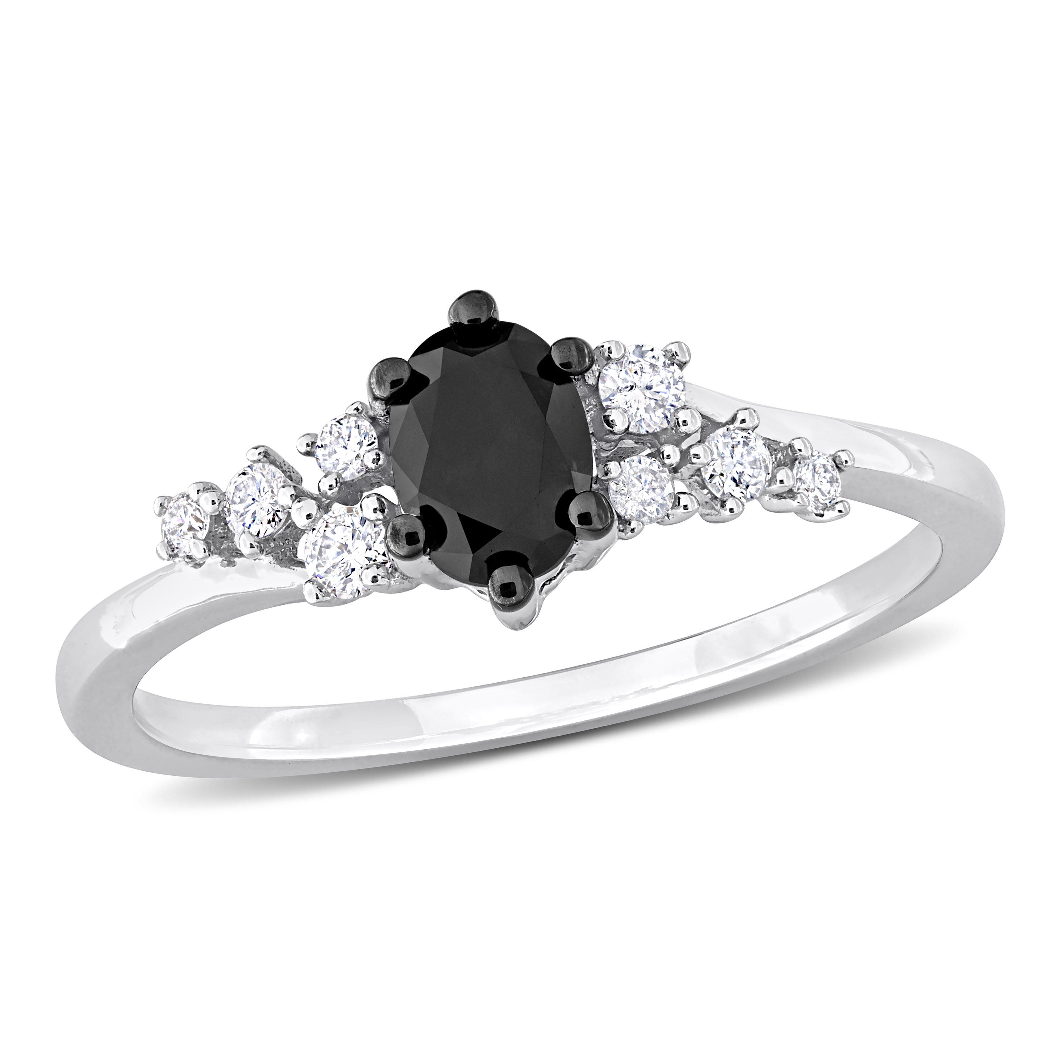 3/4 CT TDW Black and White Oval and Round-Cut Diamond Ring 14k White Gold