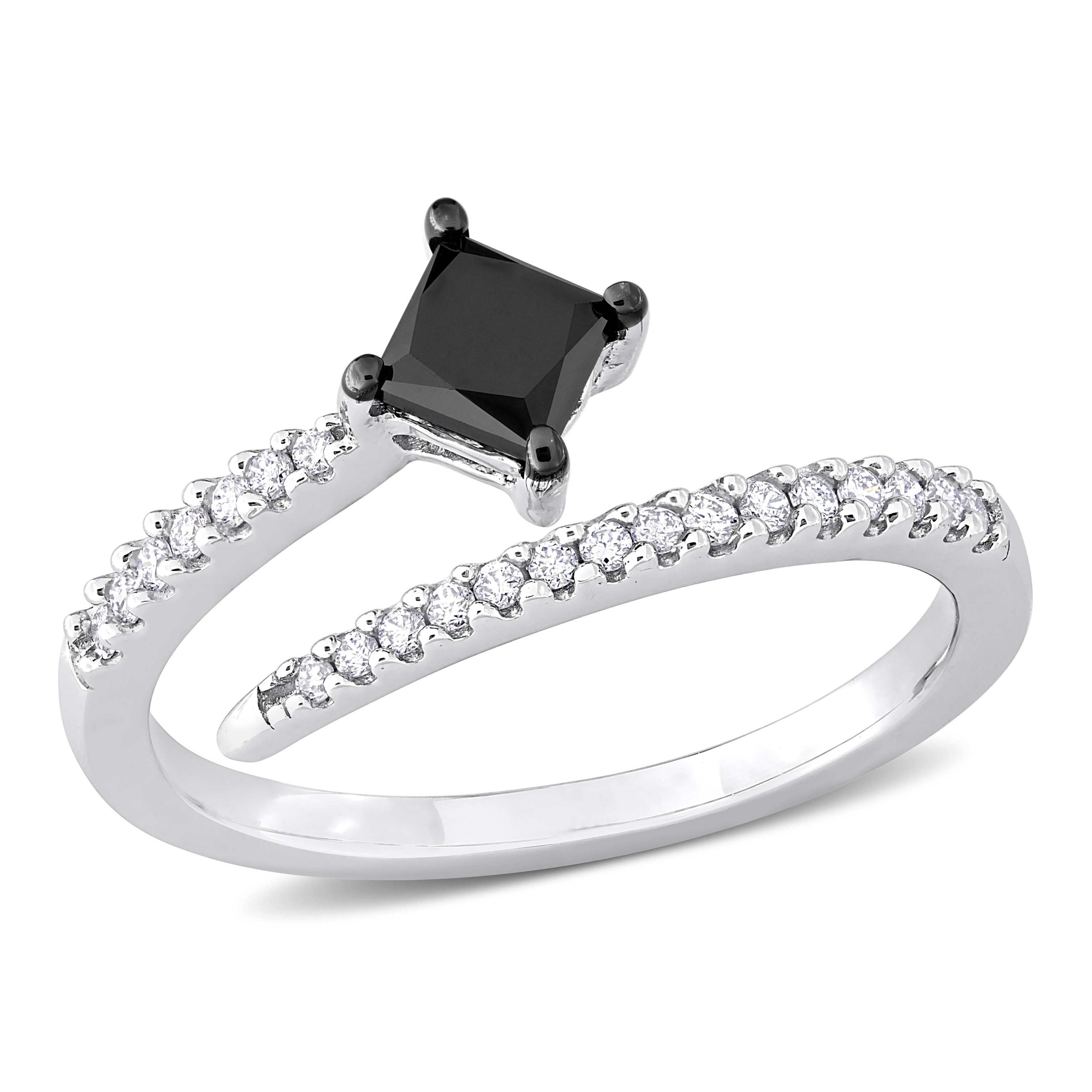 3/4 CT TDW Black and White Princess and Round-Cut Diamond Fashion Ring in 14k White Gold