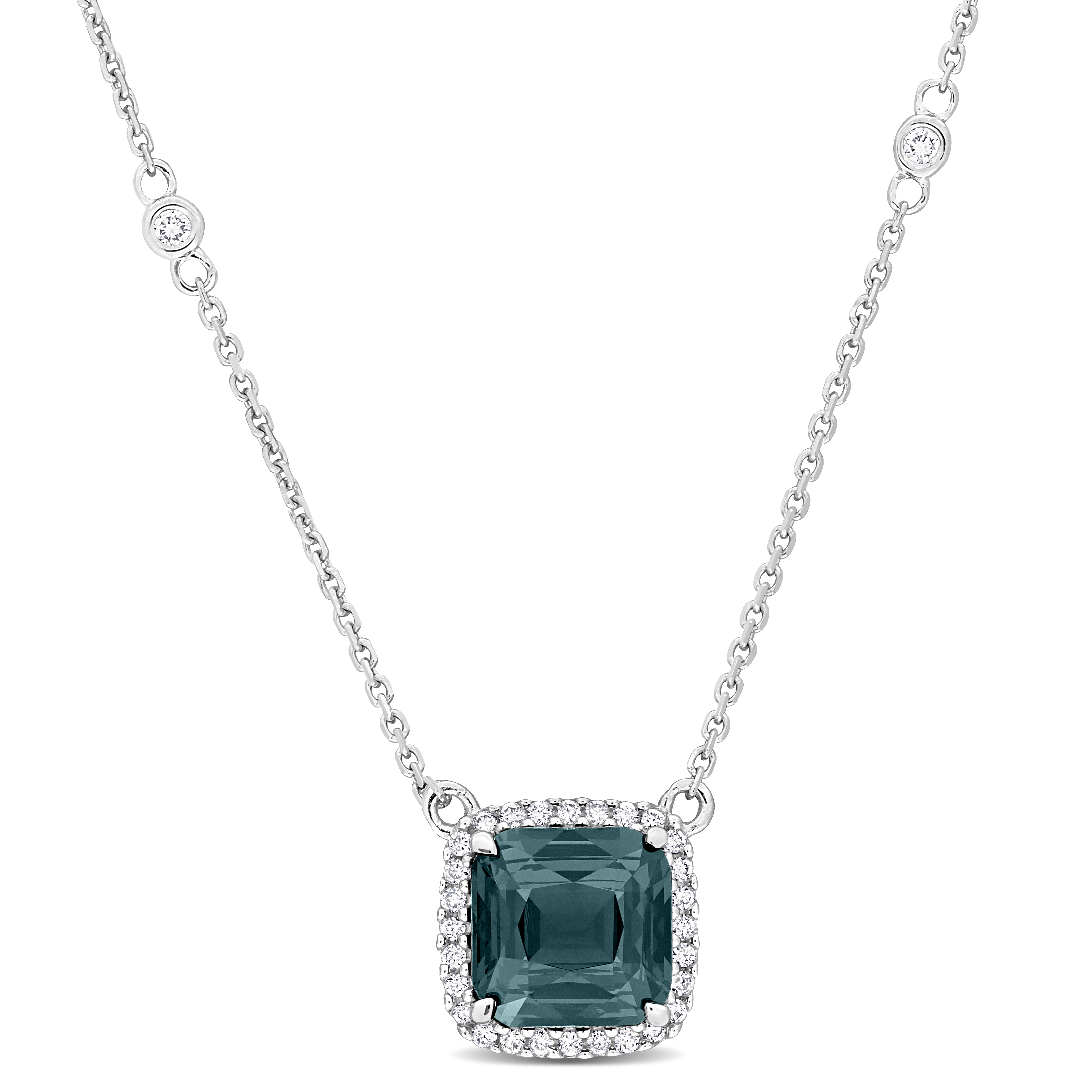 2 1/5 CT TGW Blue Spinel 1/10 CT TDW Diamond Halo Necklace in 14k White Gold - 16 in.