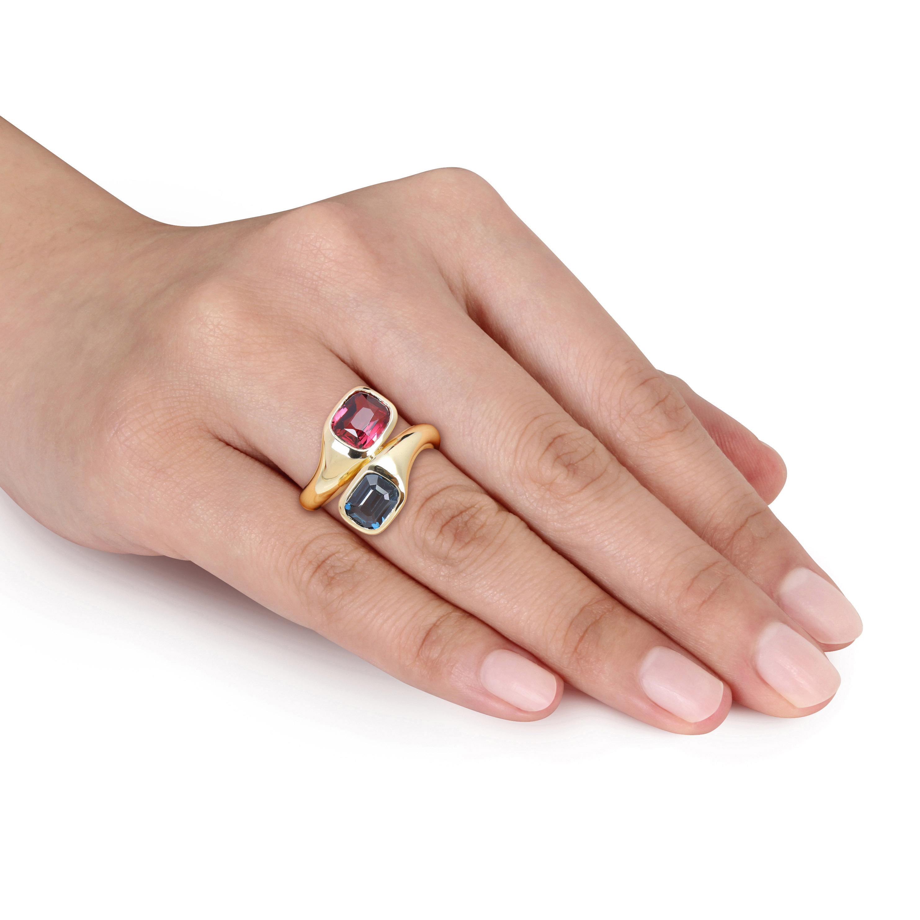 3 2/5 CT TDW Radiant Step-Cut Pink Tourmaline and Blue Spinel Two-Stone Ring in 14k Yellow Gold