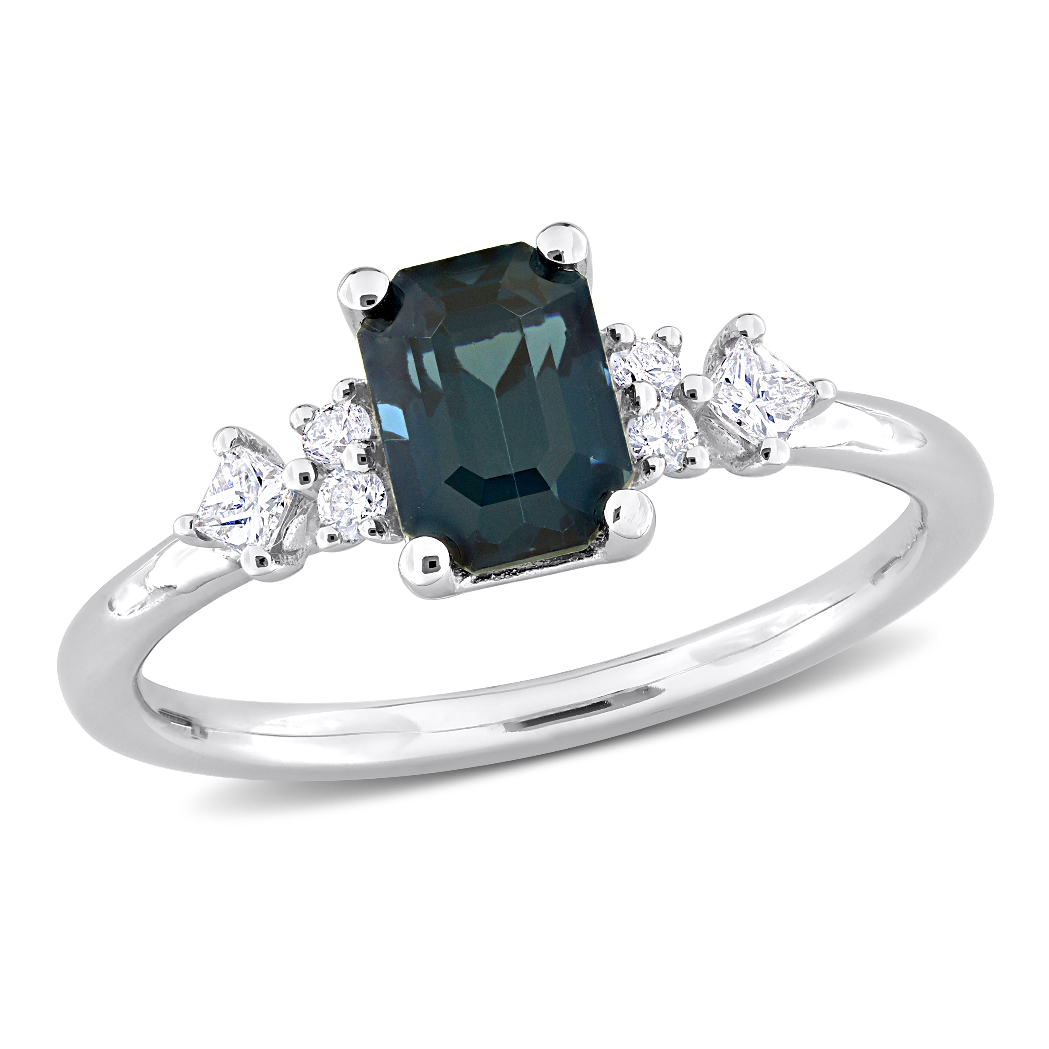 1 1/4 CT TGW Radiant-Cut Blue Spinel and 1/7 CT TDW Princess and Round-Cut Diamonds Seven-Stone Ring in 14k White Gold