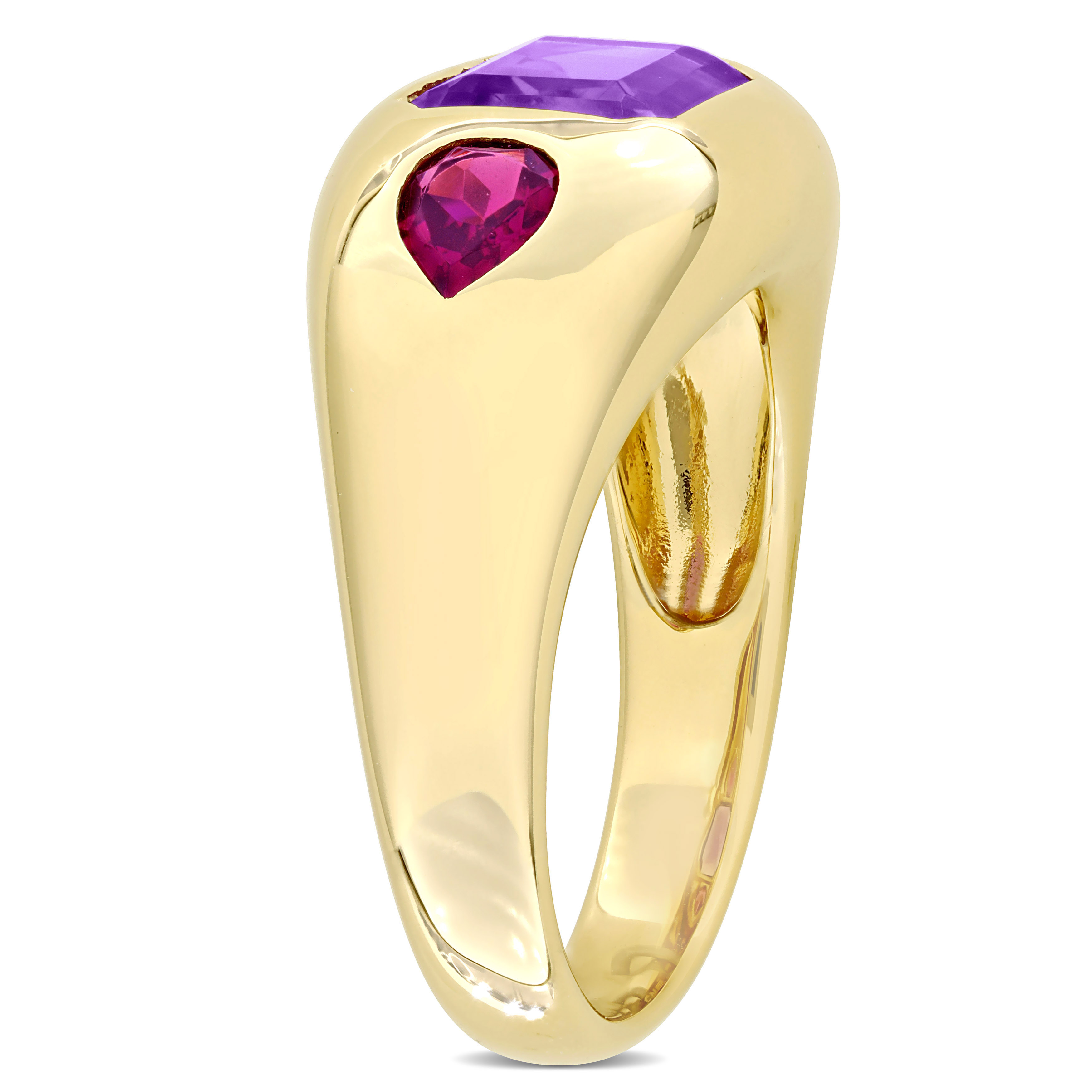 3 3/4 CT TGW Octagon Violet Spinel and Pear Shape Rhodolite 3-Stone Ring in 14k Yellow Gold