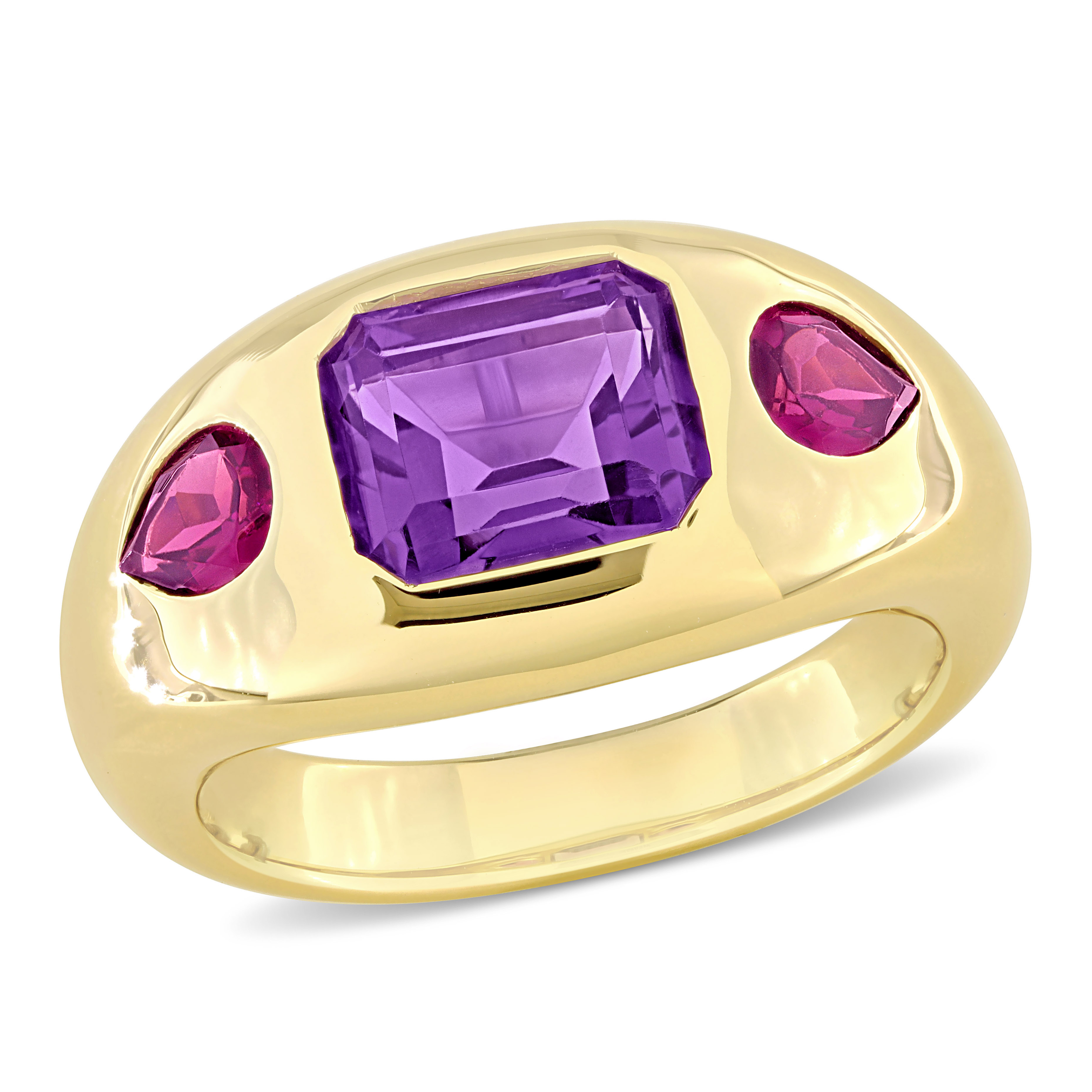 3 3/4 CT TGW Octagon Violet Spinel and Pear Shape Rhodolite 3-Stone Ring in 14k Yellow Gold
