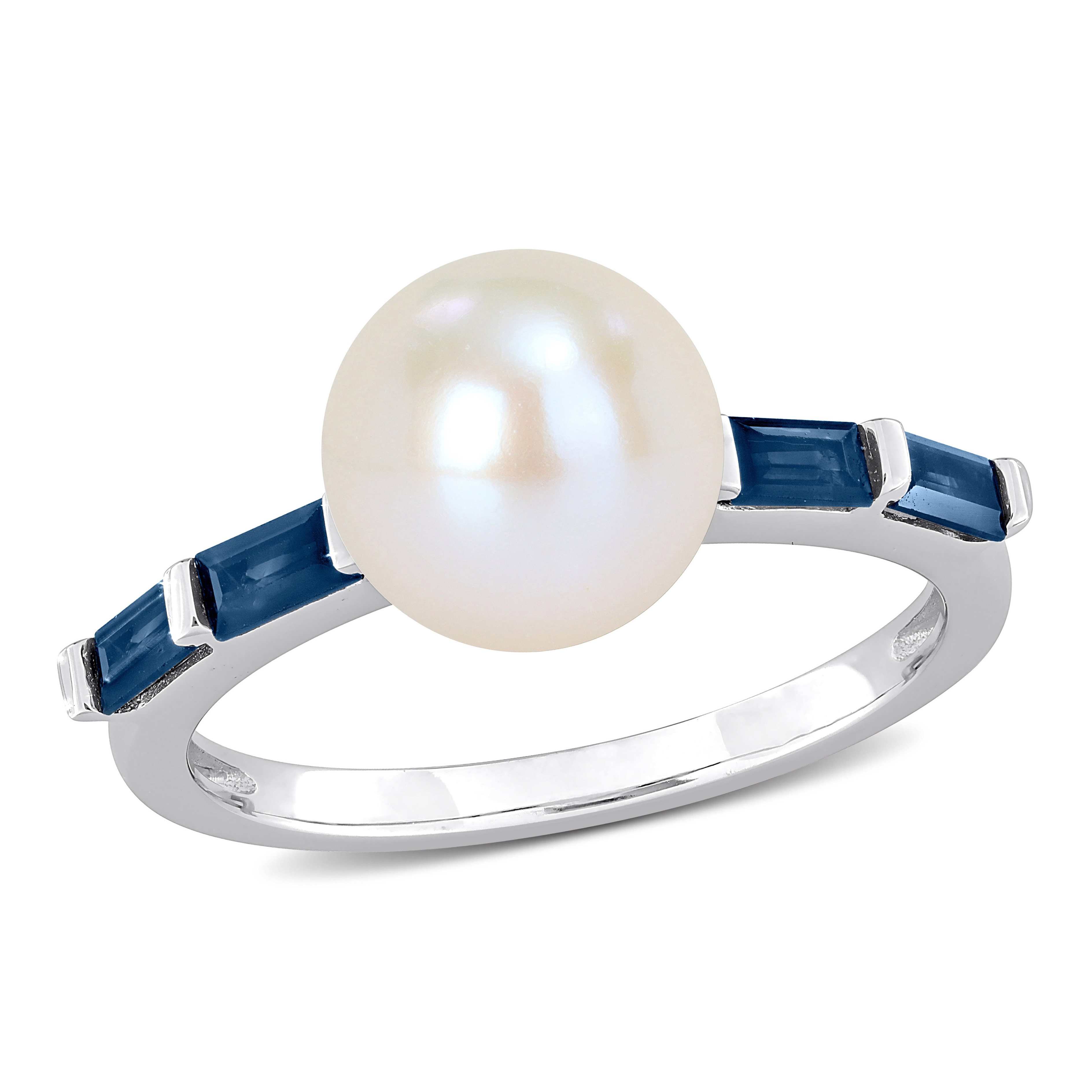 8-8.5 MM Freshwater Cultured Pearl 3/4 CT TGW Baguette Shaped Sapphire Ring in 10k White Gold