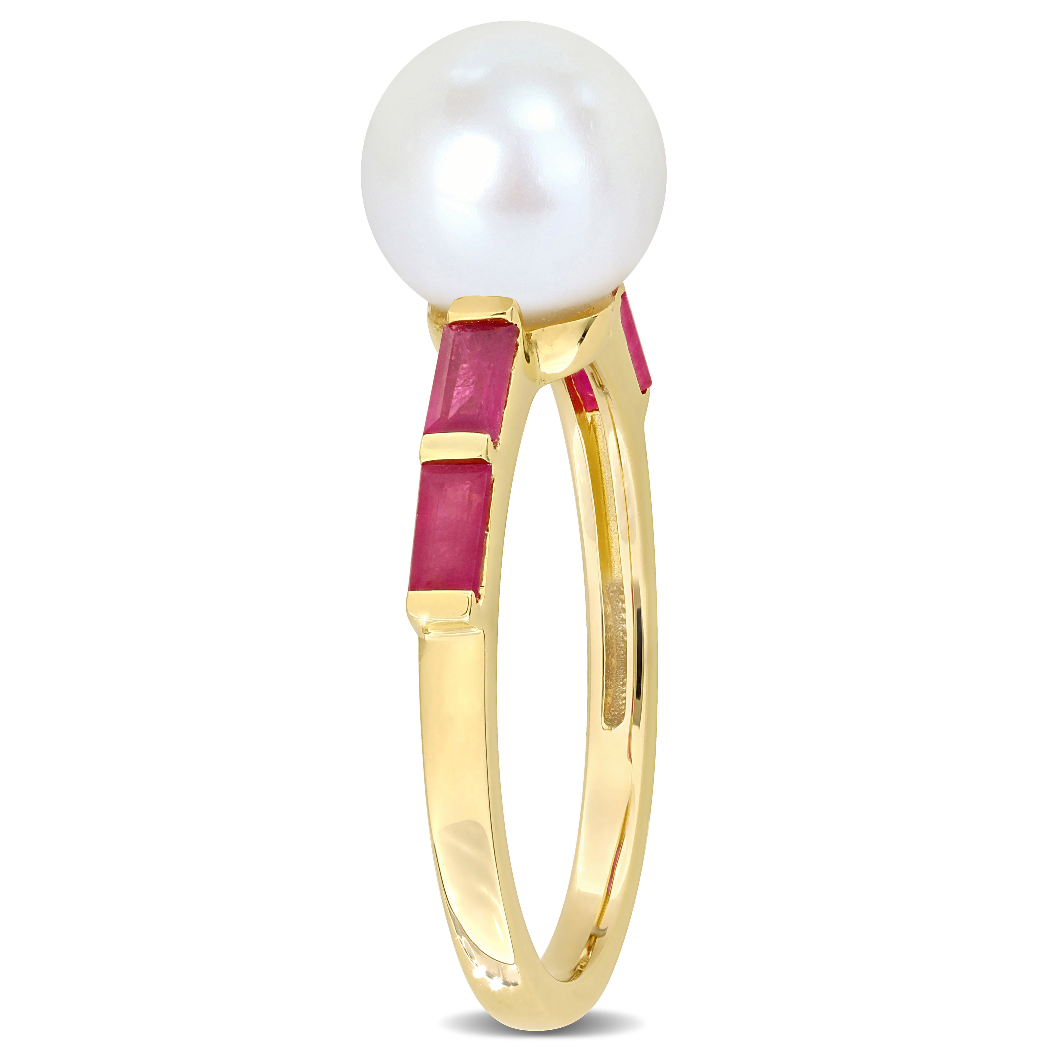 8-8.5 MM Freshwater Cultured Pearl 3/4 CT TGW Baguette Shaped Ruby Ring in 10k Yellow Gold