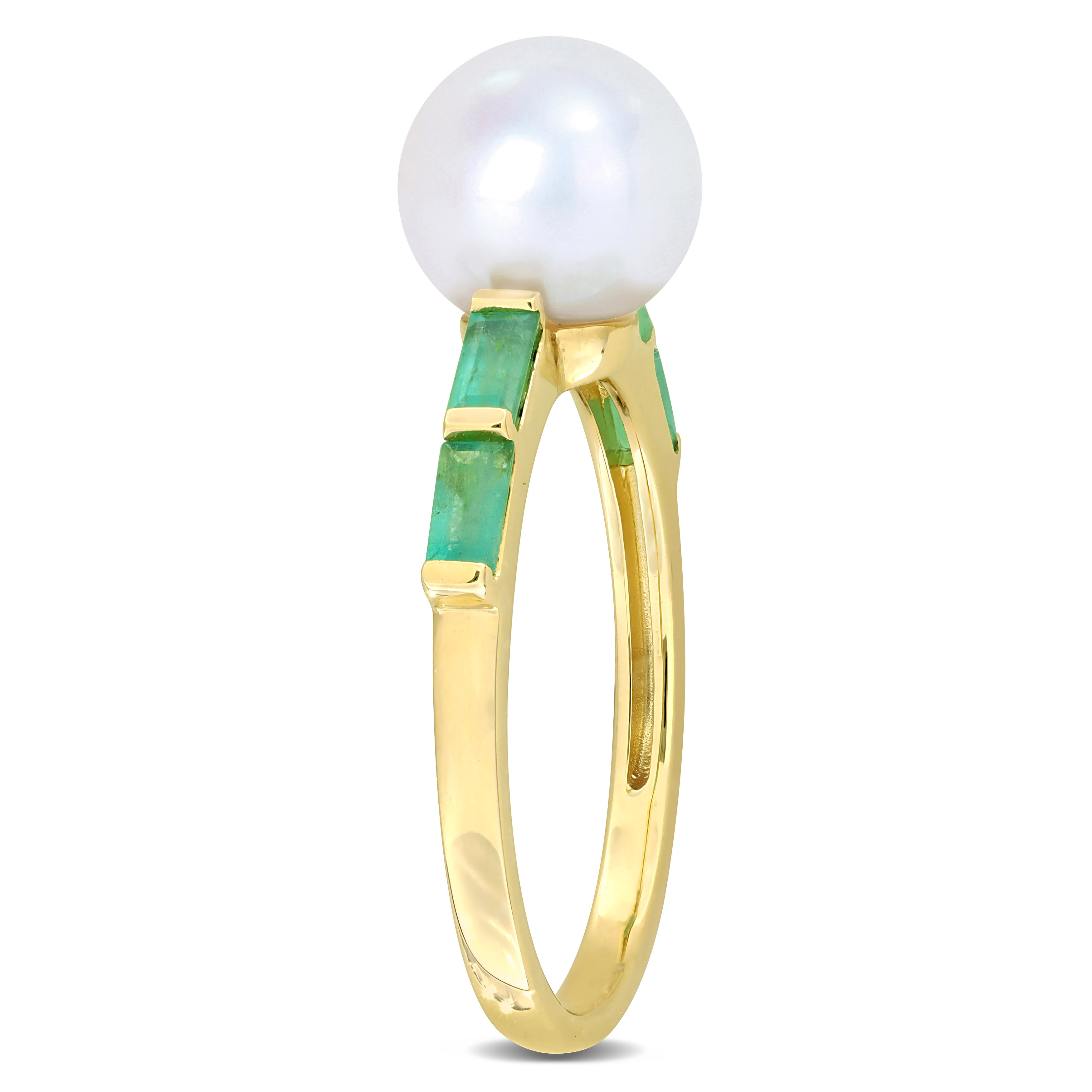 8-8.5 MM Freshwater Cultured Pearl 1/2 CT TGW Baguette Shaped Emerald Ring in 10k Yellow Gold