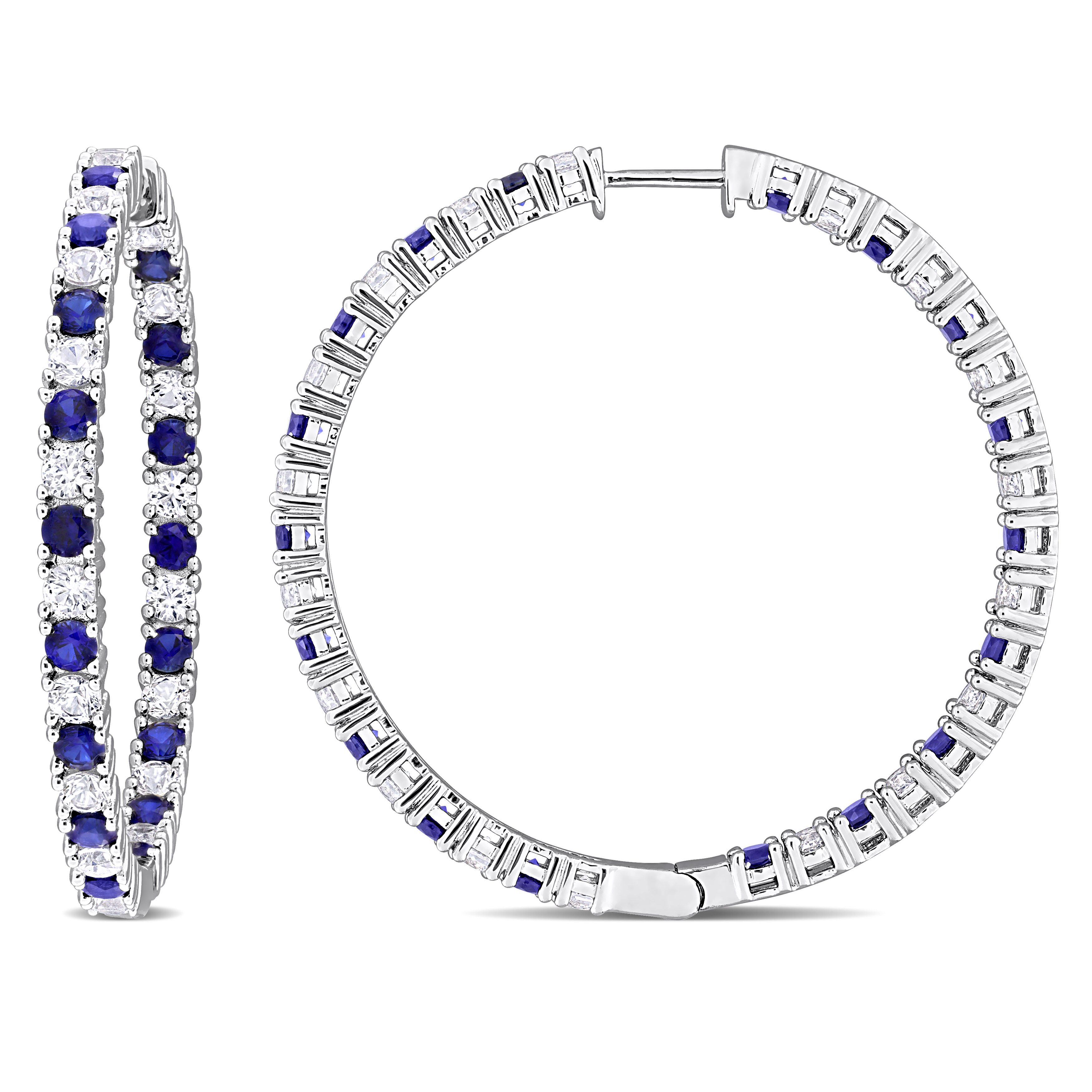 10 2/5 CT TGW Created Sapphire and Created White Sapphire Inside Outside Hoop Earrings in Sterling Silver