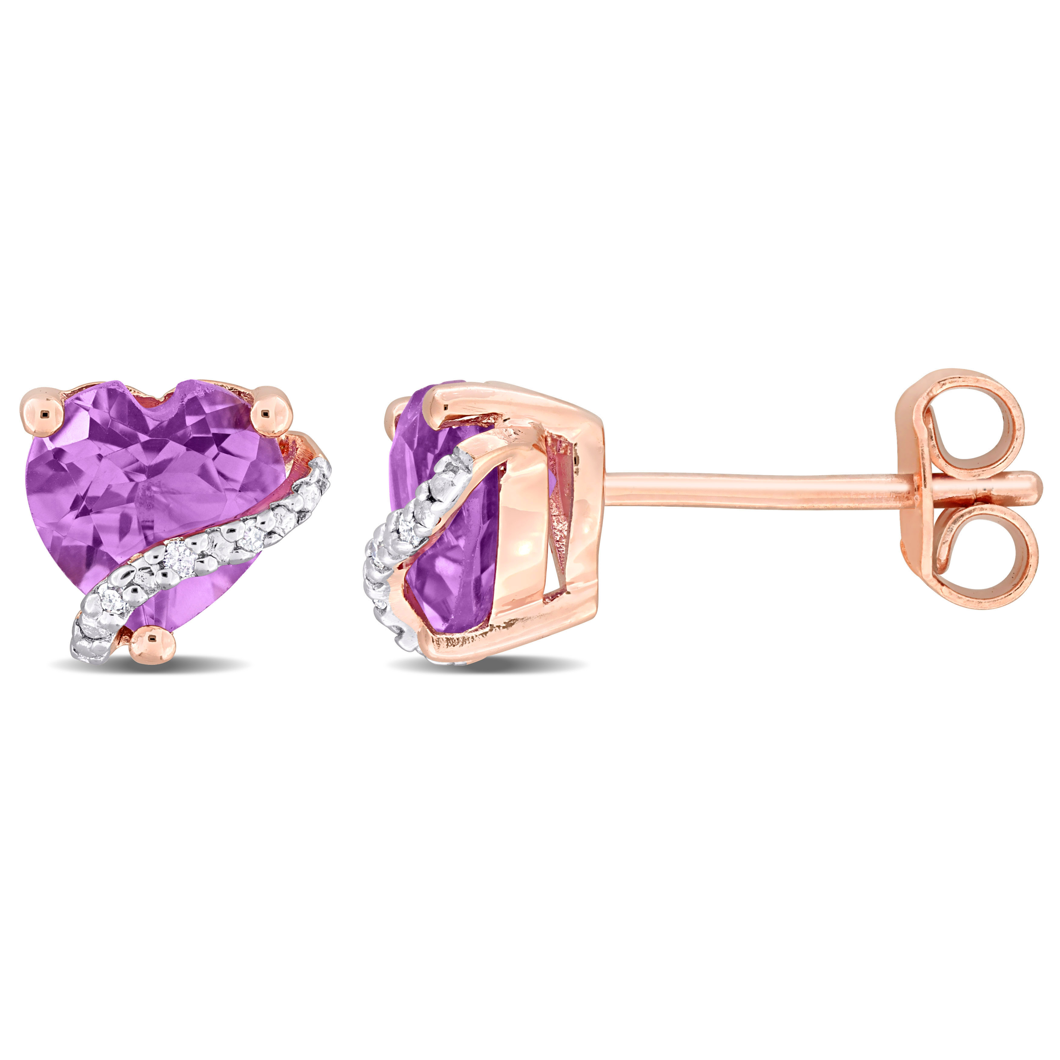 1 1/10 CT TGW Amethyst and Diamond Accent Heart Stud Earrings in Rose Plated Silver