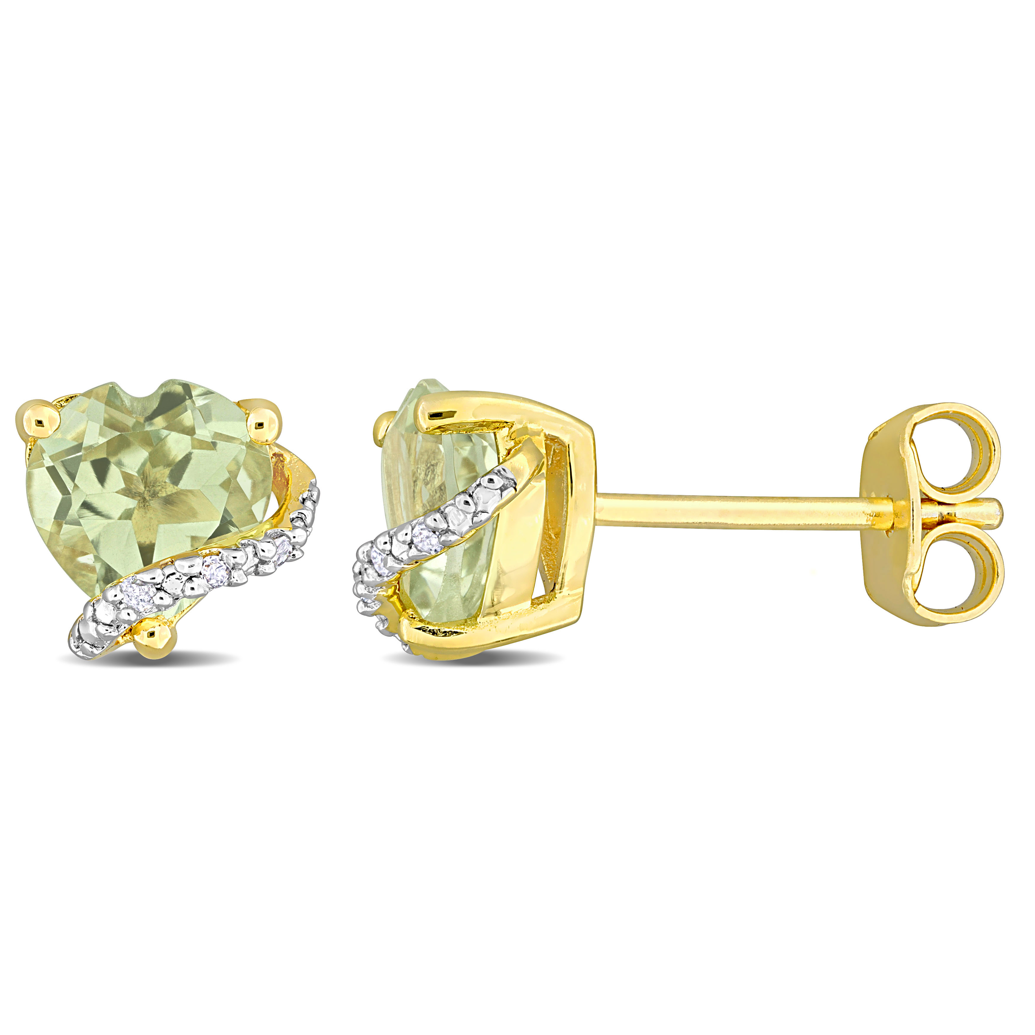 1 1/2 CT TGW Green Quartz and Diamond Accent Heart Stud Earrings in Yellow Plated Silver