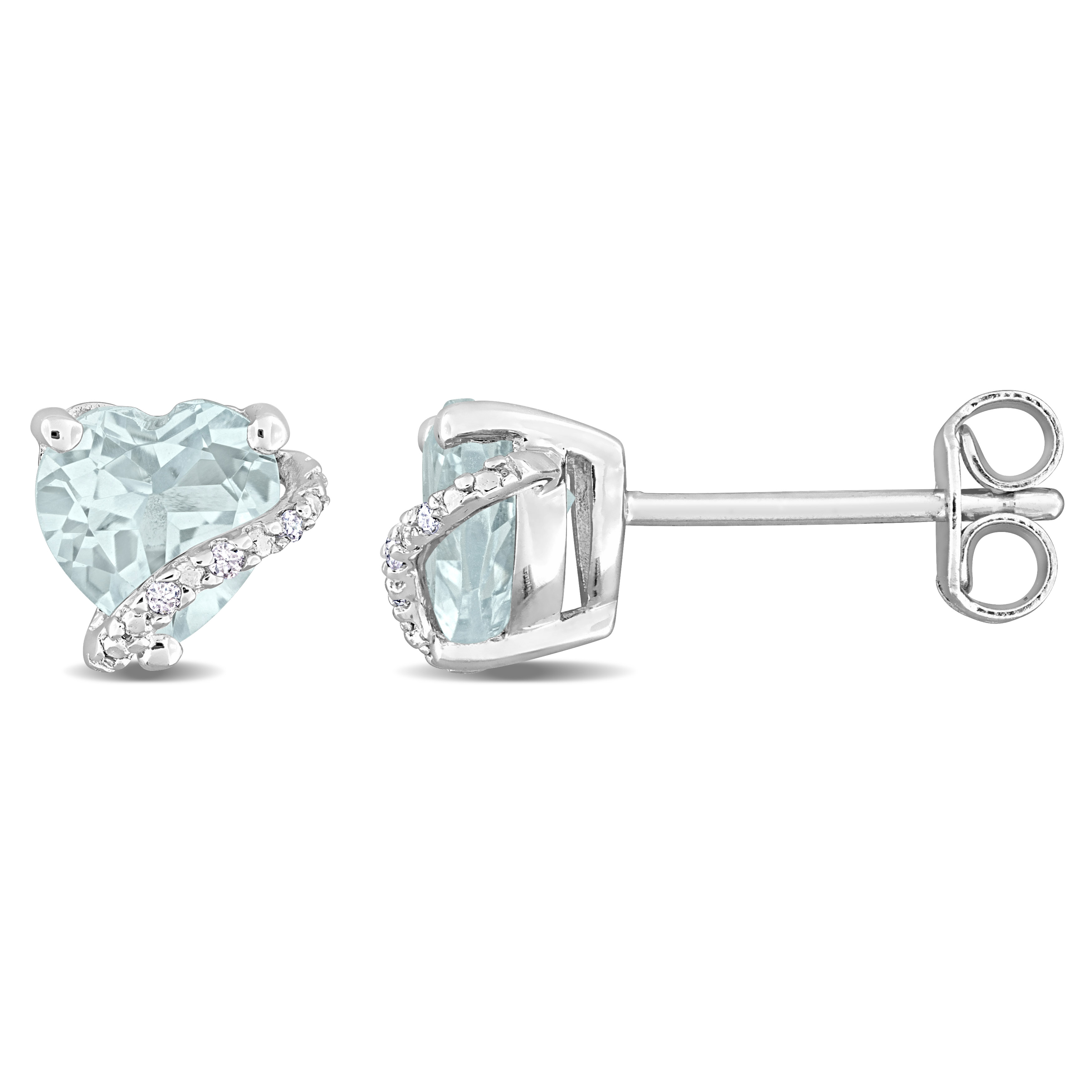 1 1/3 CT TGW Aquamarine and Diamond Accent Heart Stud Earrings in Sterling Silver