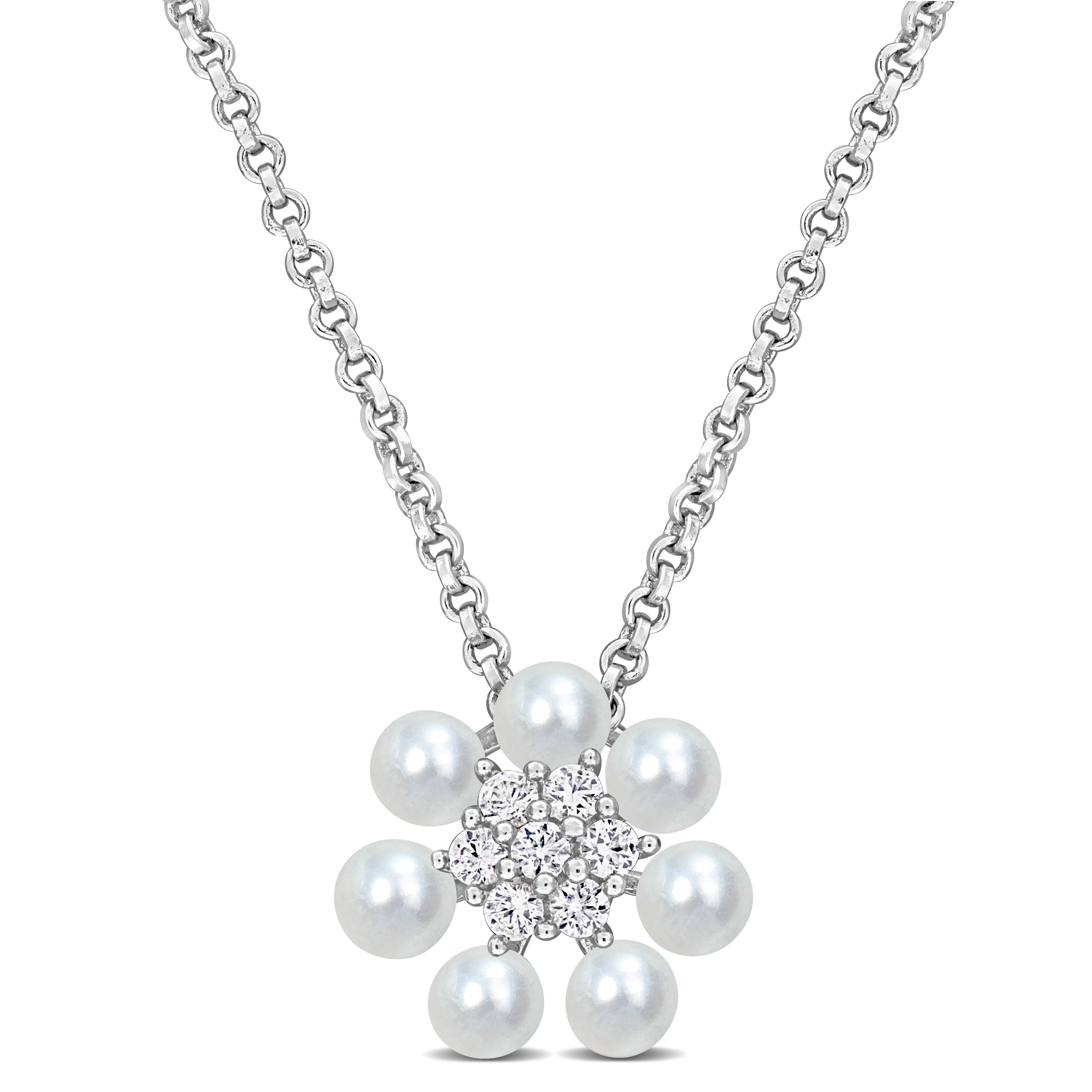 3-3.5 MM Freshwater Cultured Pearl and 1/7 CT TGW Created White Sapphire Flower Cluster Pendant with Chain in Sterling Silver - 18 in.