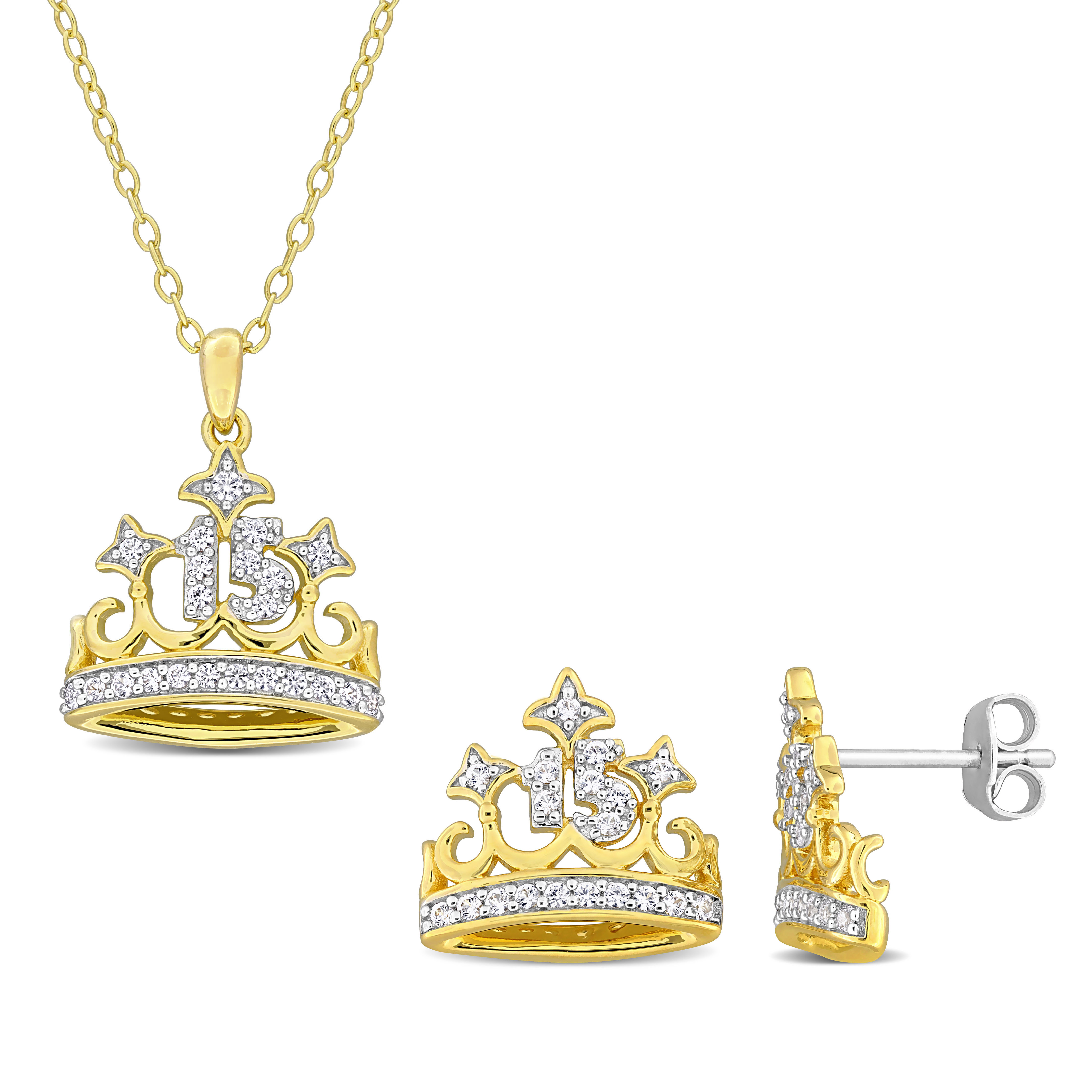 5/8 CT TGW Created White Sapphire "15" Crown Shaped Earrings and Pendant with Chain Set in Two-Tone Yellow Plated and White Sterling Silver