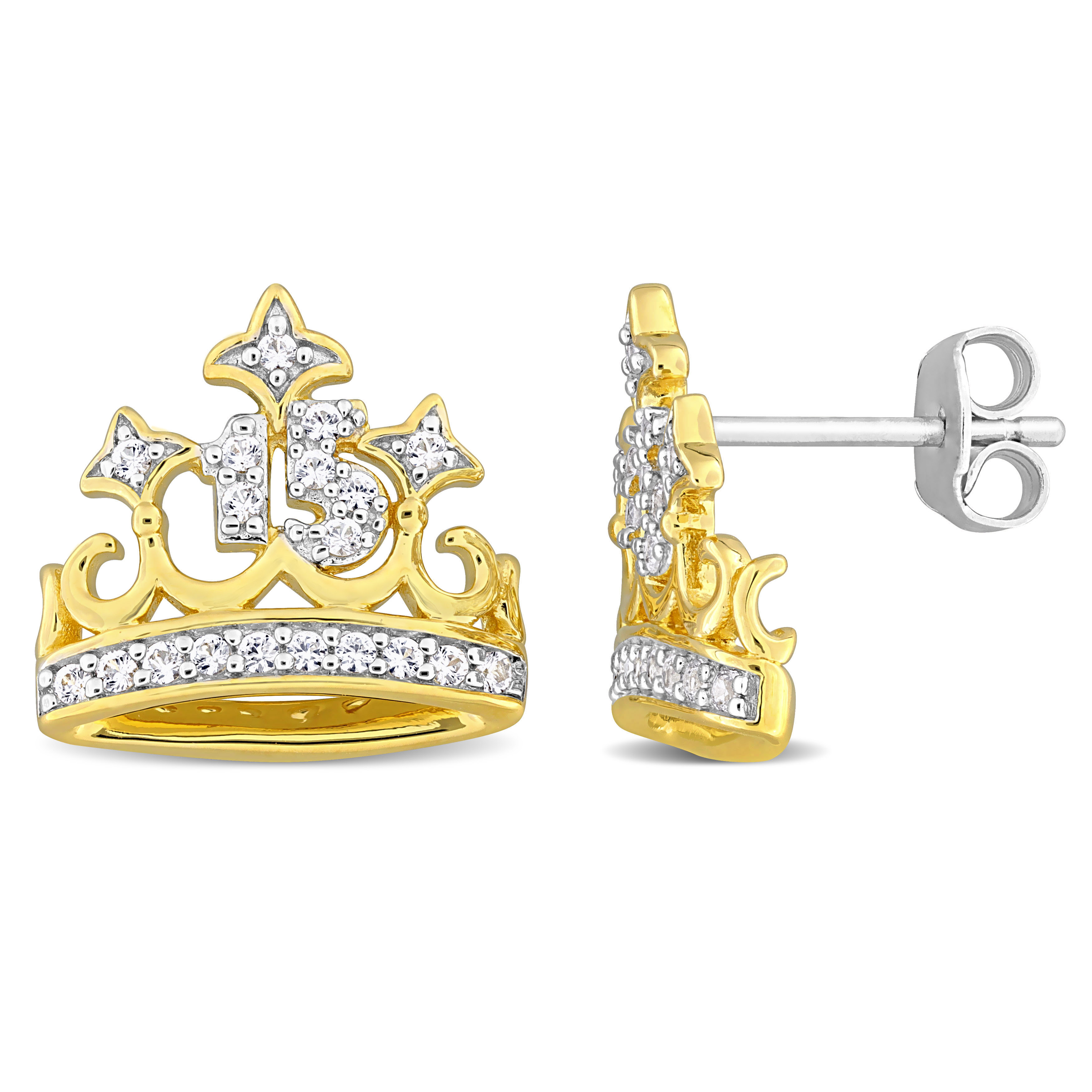 3/8 CT TGW White Sapphire '15' Crown Shaped Earrings in Two-Tone White and Yellow Plated Sterling Silver