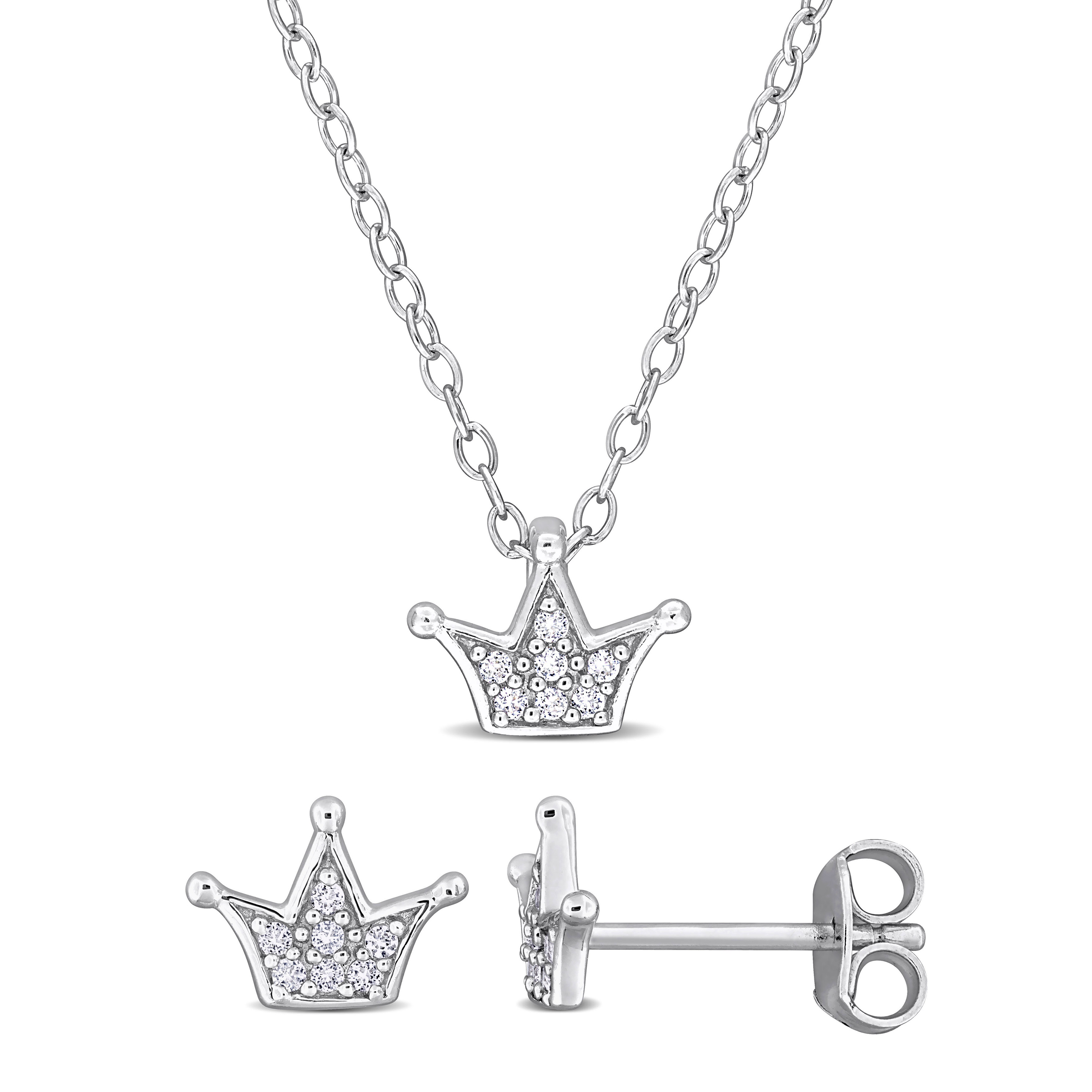 1/5 CT TGW Created White Sapphire Crown Stud Earrings and Pendant with Chain 2-Piece Set in Sterling Silver