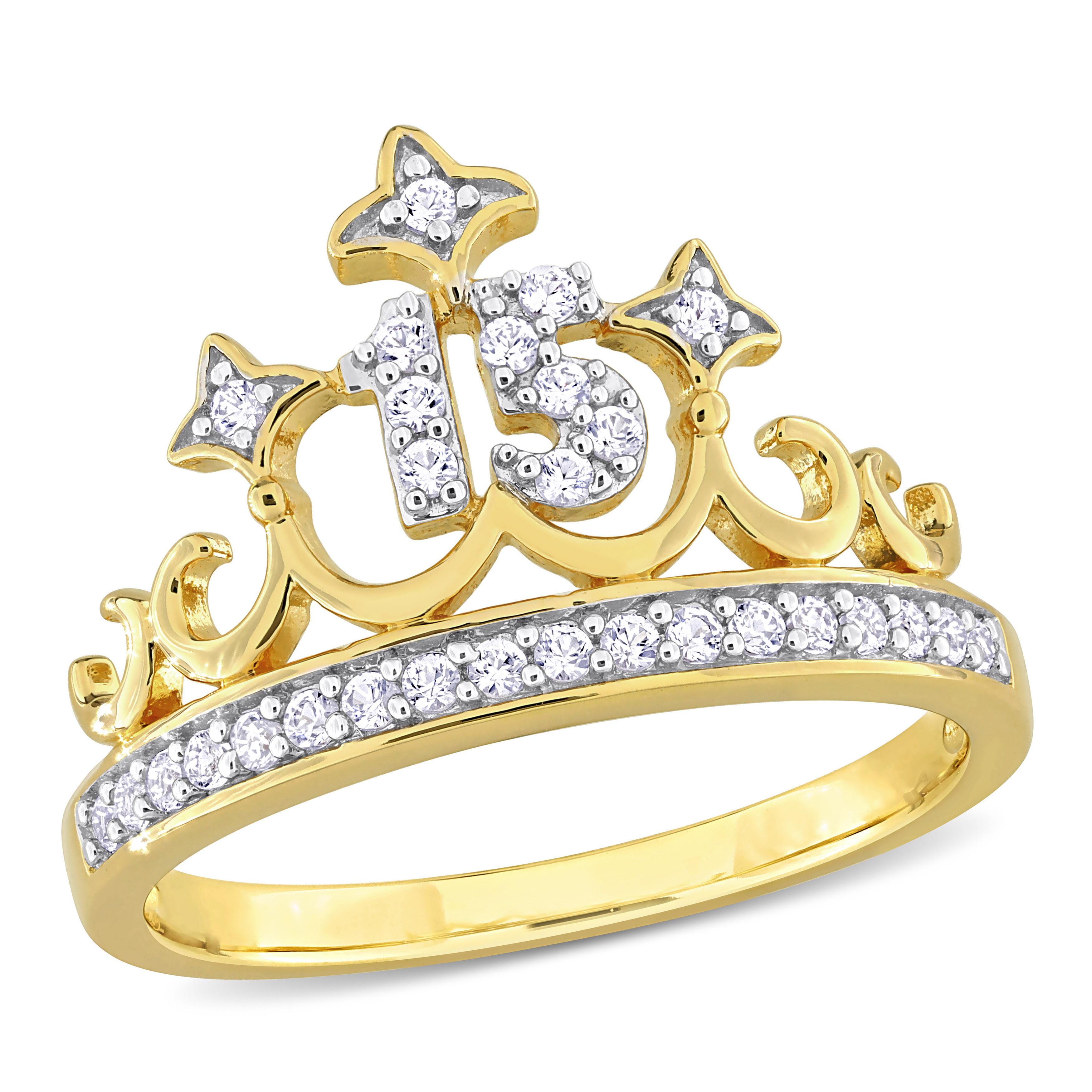 1/3 CT TGW Created White Sapphire '15' Crown Ring in Yellow Plated Sterling Silver