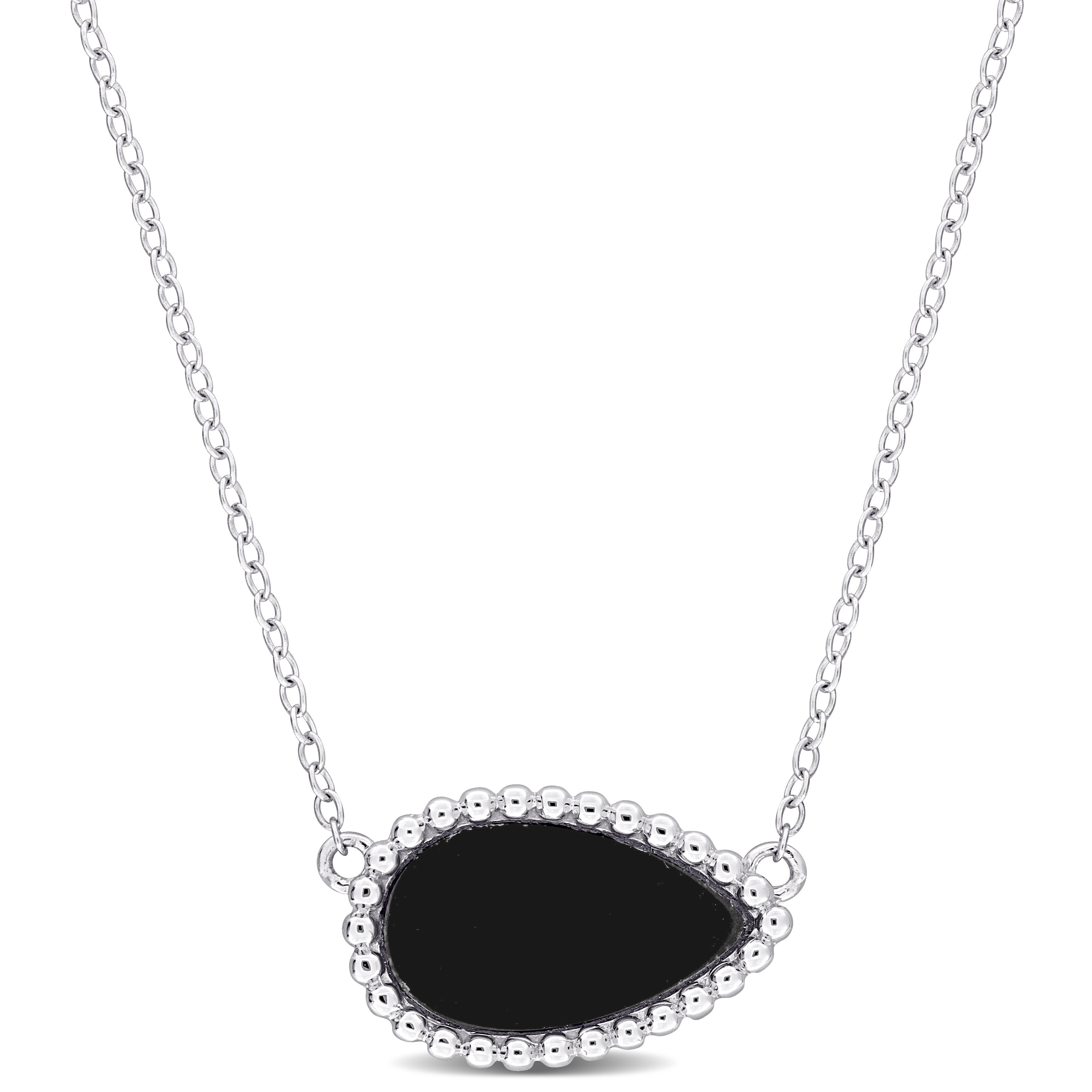 4 CT TGW Pear Shape Black Agate Necklace With Beaded Halo in Sterling Silver - 17 in.