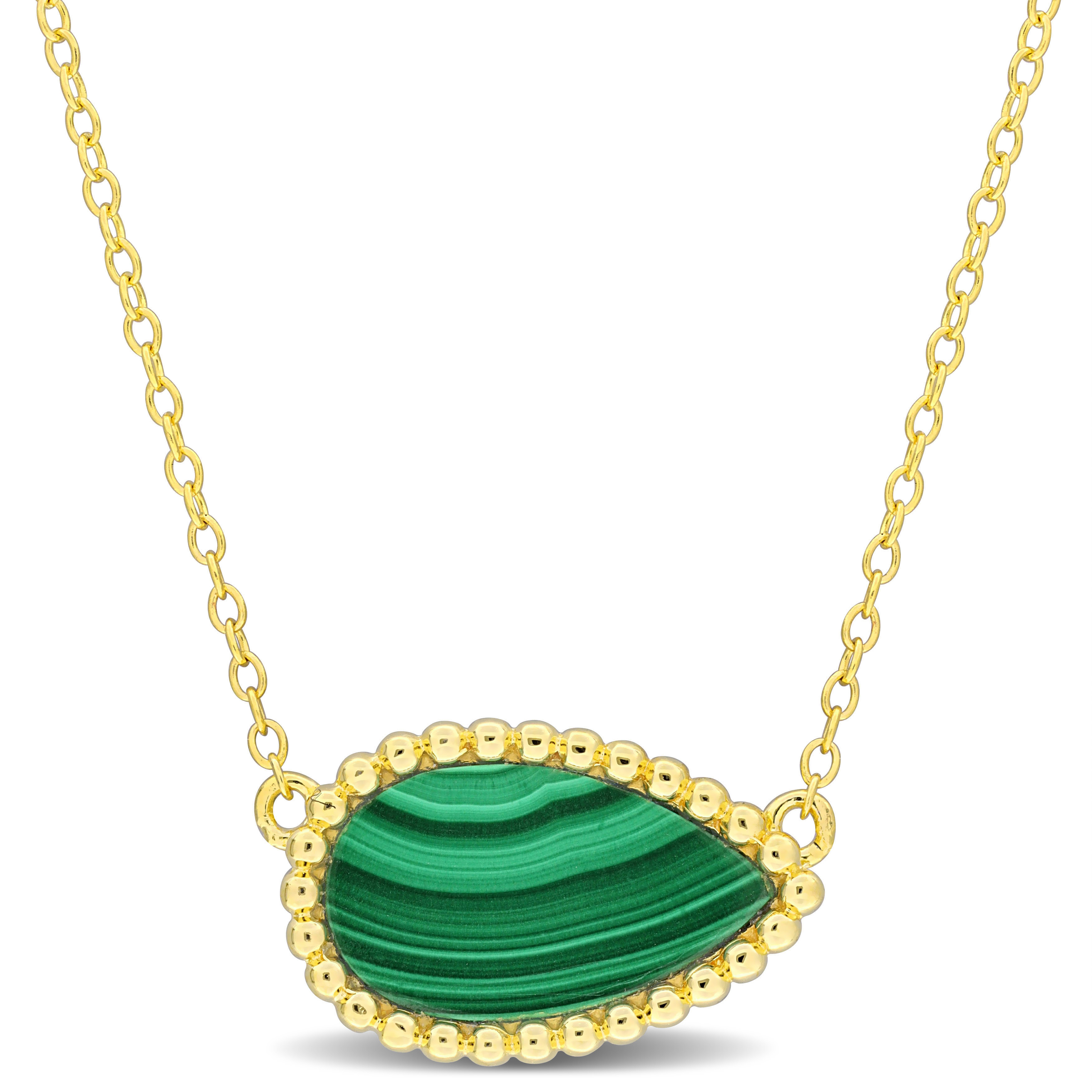 4 CT TGW Pear Shape Malachite Necklace With Beaded Halo in Yellow Plated Sterling Silver - 17 in.
