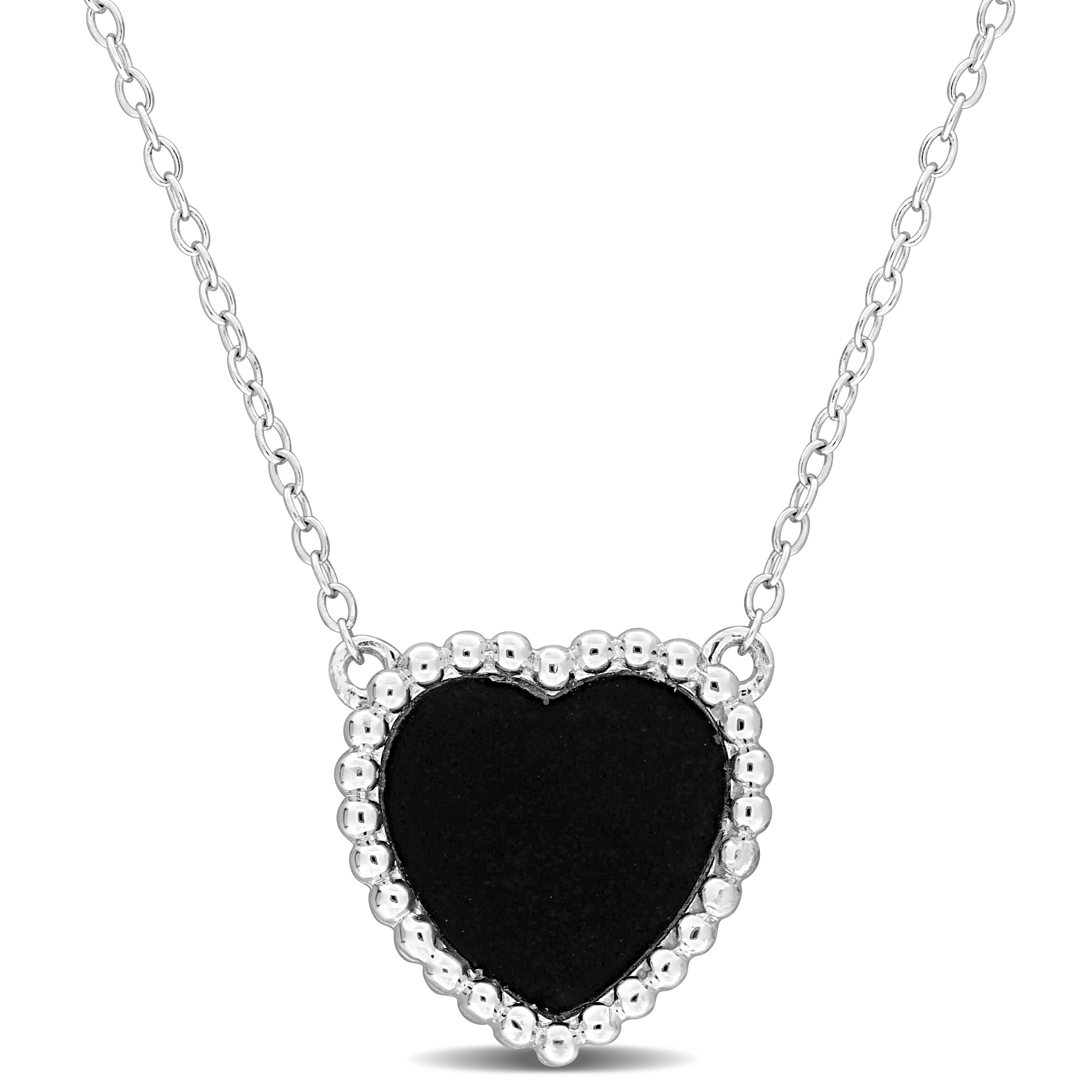 5 CT TGW Heart Shape Black Agate Necklace With Beaded Halo in Sterling Silver - 17 in.