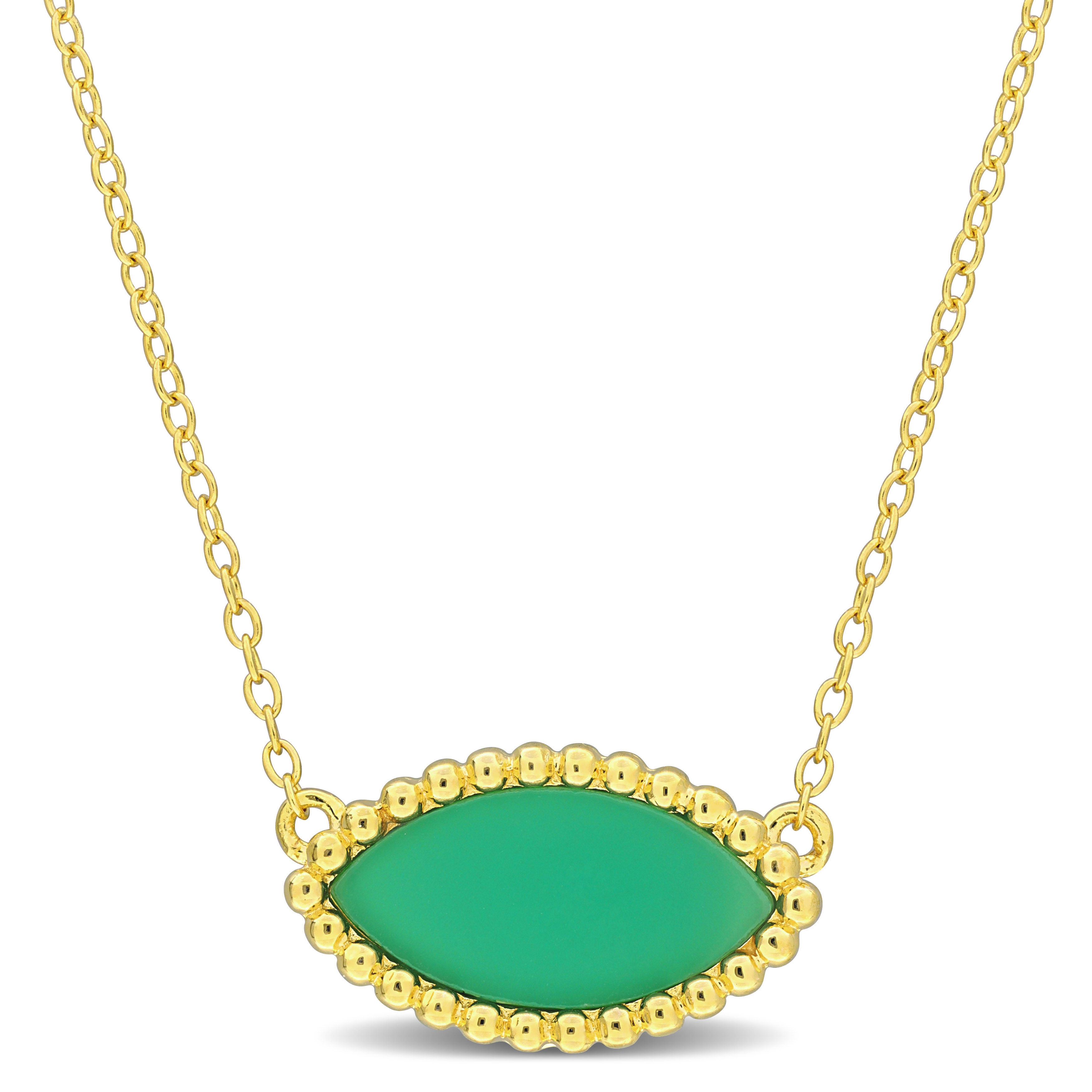 3 CT TGW Marquise Shape Light Green Chalcedony Necklace With Beaded Halo in Yellow Plated Sterling Silver - 17 in.
