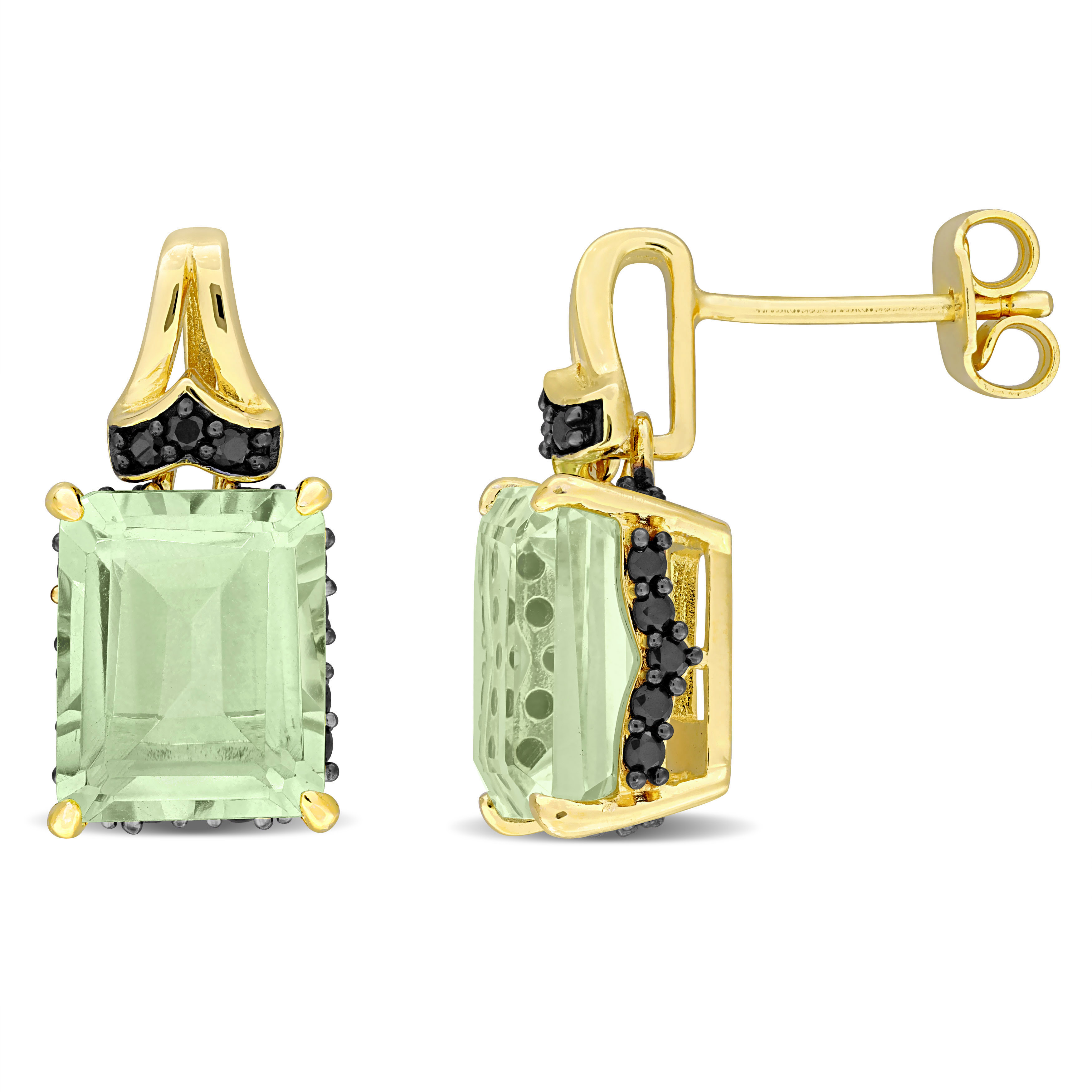 6 4/5ct TGW Green Quartz & Black Sapphire Earrings in Yellow Plated Sterling Silver with Black Rhodium