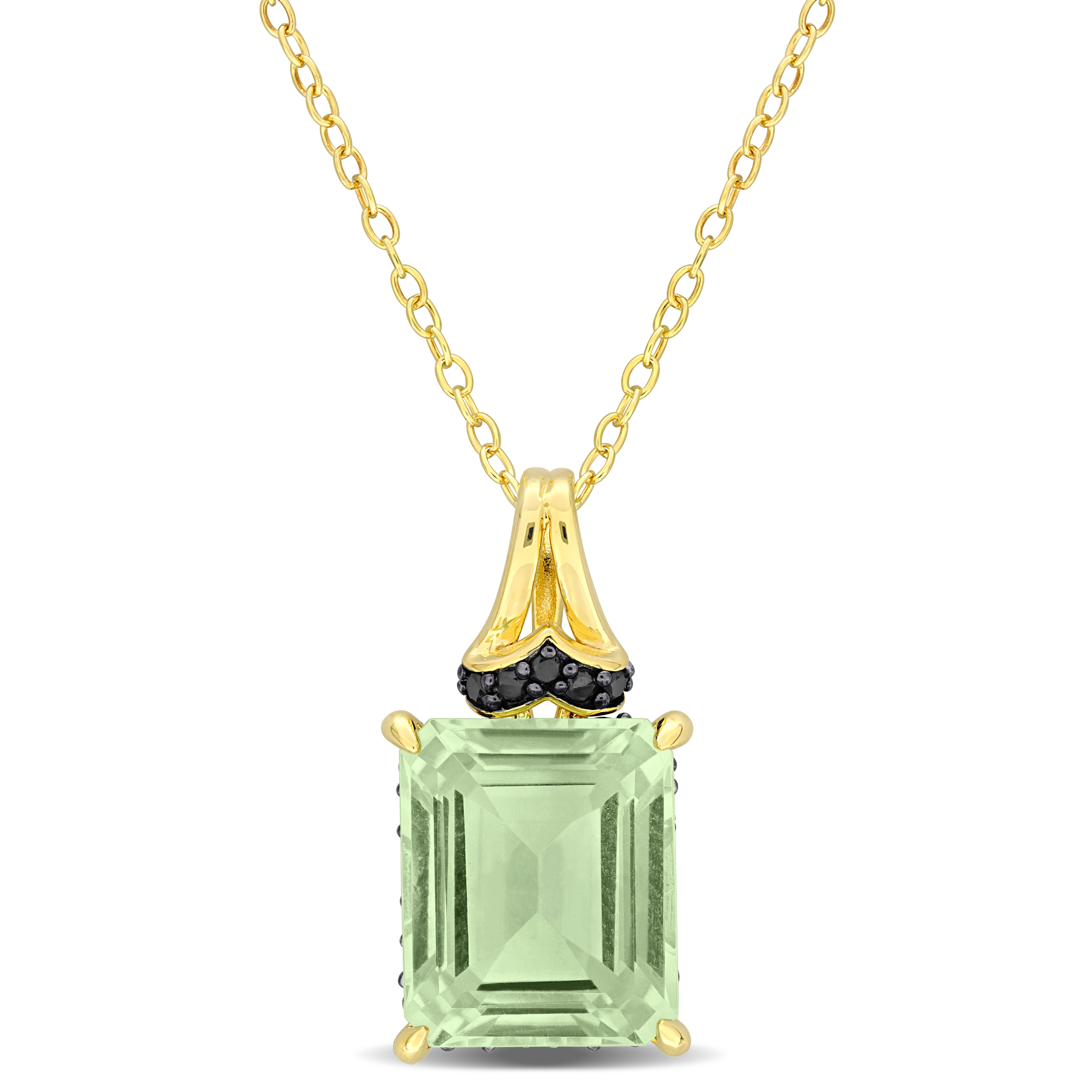 5 5/8ct TGW Green Quartz & Black Sapphire Pendant with Chain in Yellow Plated Sterling Silver with Black Rhodium - 18 in