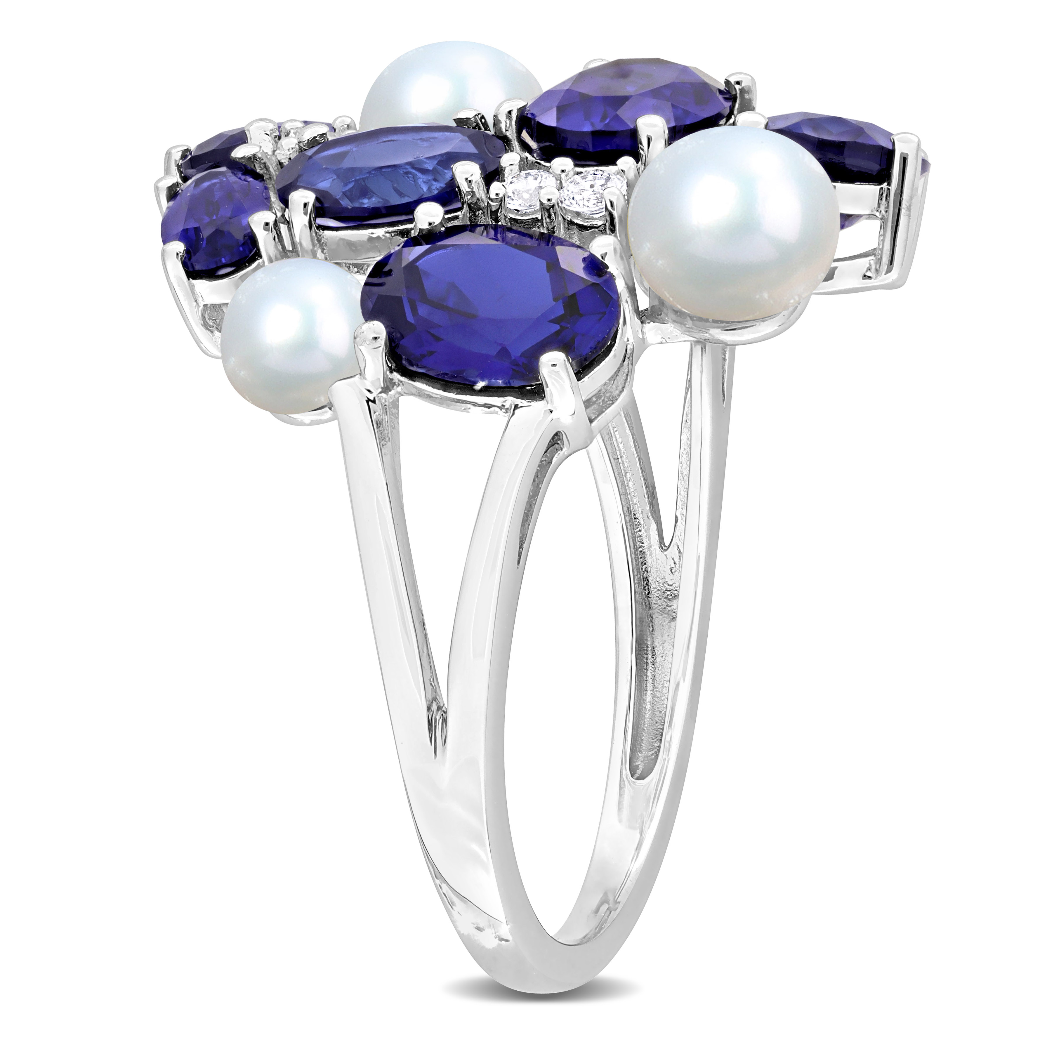 7 CT TGW Created Blue And White Sapphire And Cultured Freshwater Pearl Ring in Sterling Silver