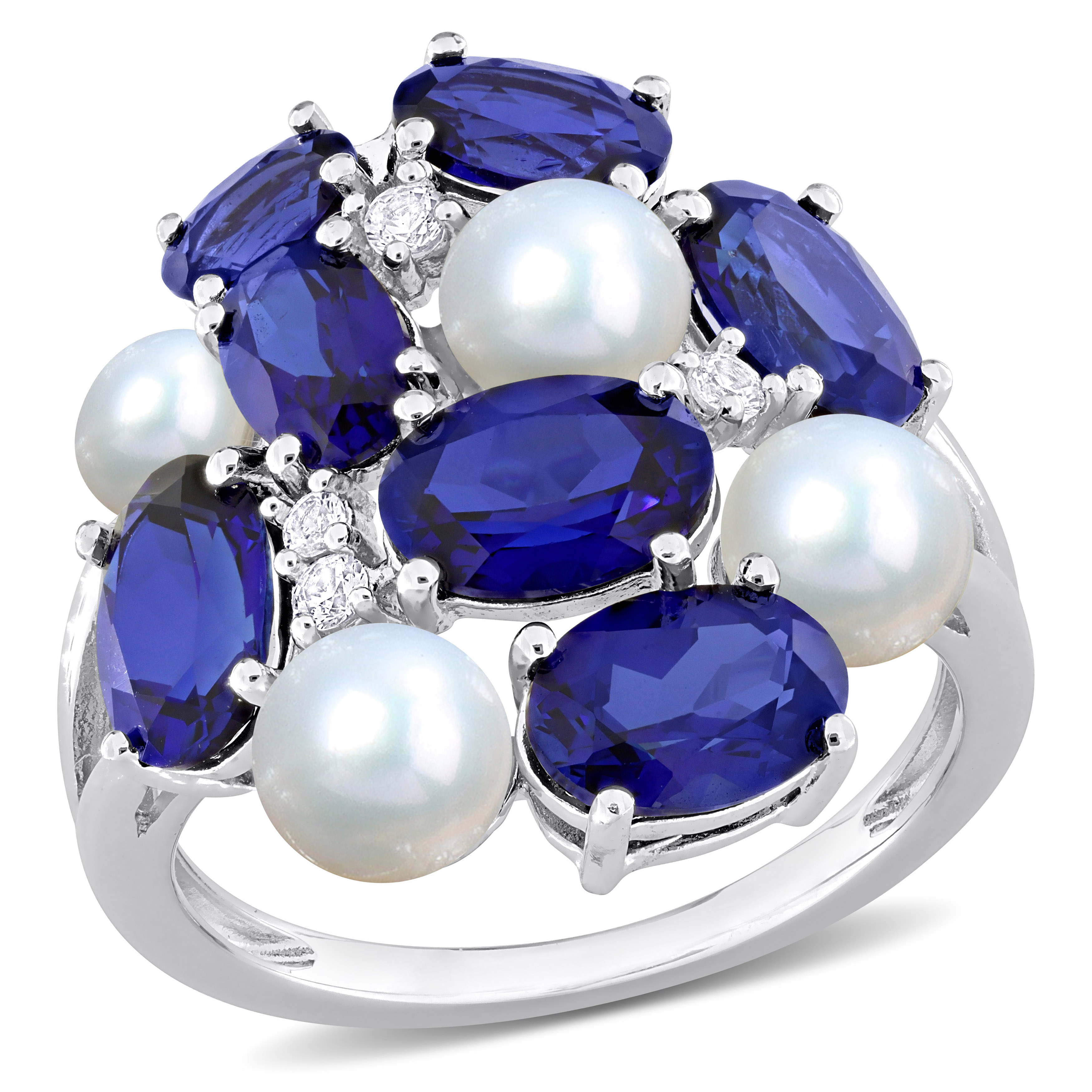 7 CT TGW Created Blue And White Sapphire And Cultured Freshwater Pearl Ring in Sterling Silver