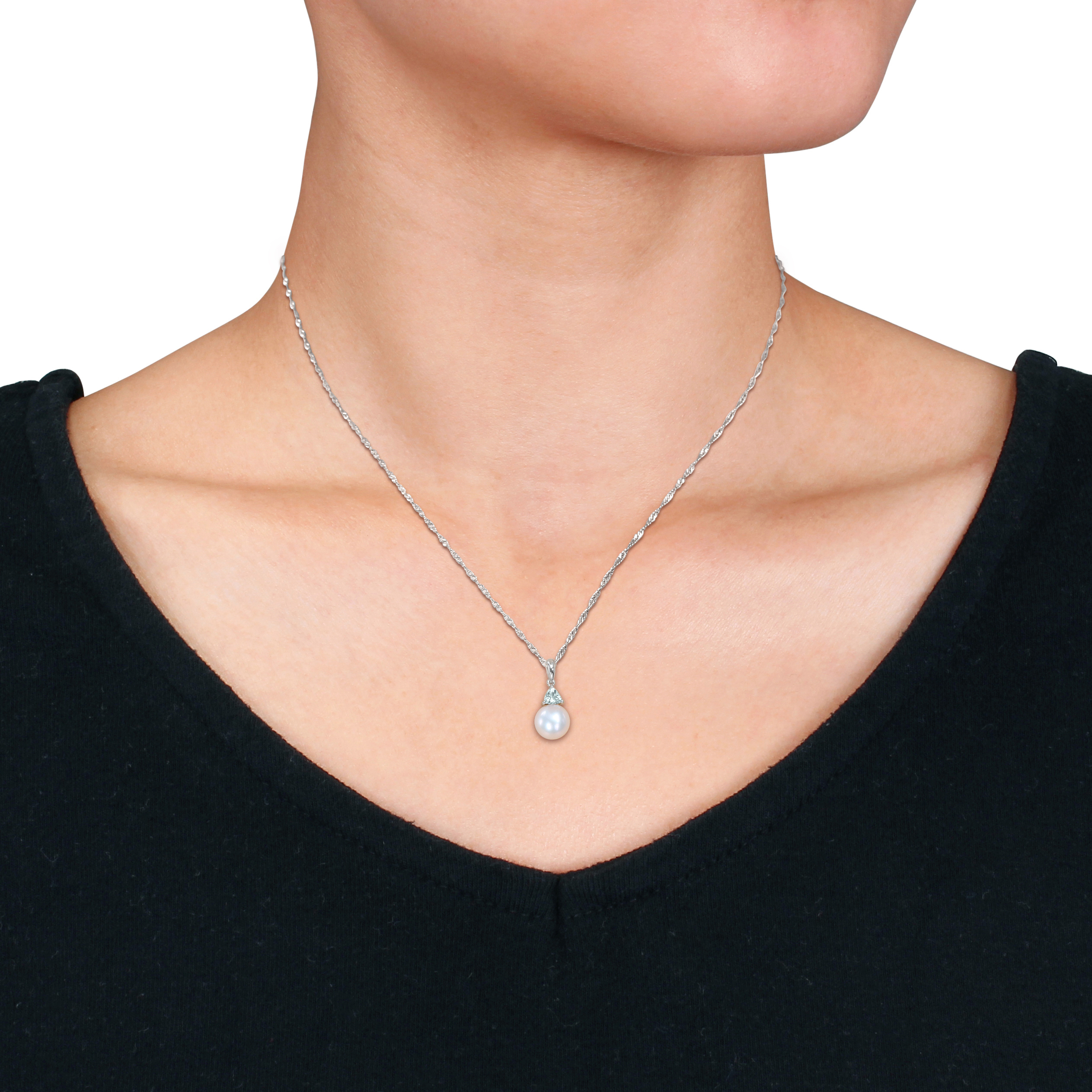 8-8.5mm Cultured Freshwater Pearl and 1/5ct TGW Aquamarine Pendant with Chain in 10k White Gold