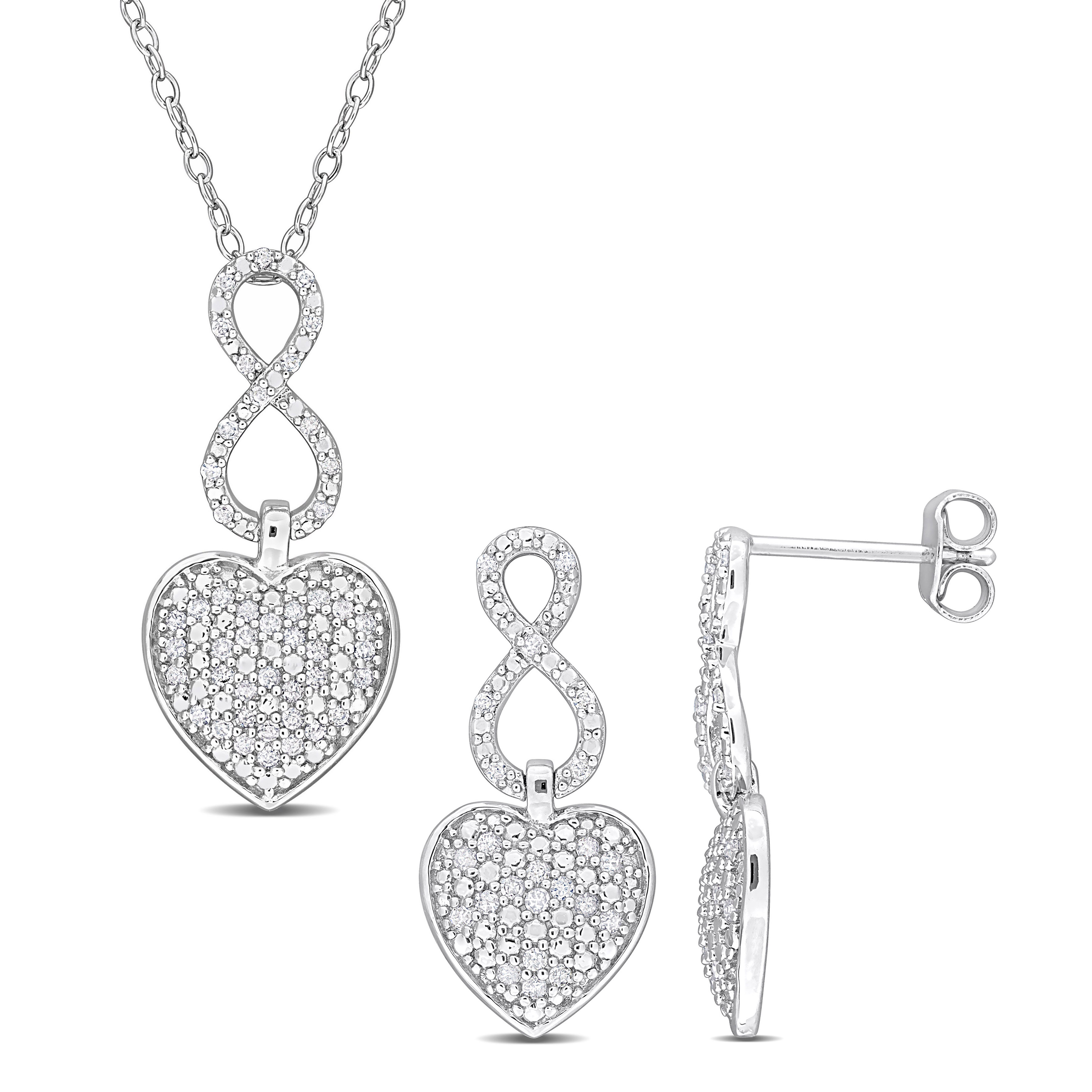 1/2 CT TW Diamond Heart Infinity Pendant with Chain and Earrings Set in Sterling Silver - 18 in