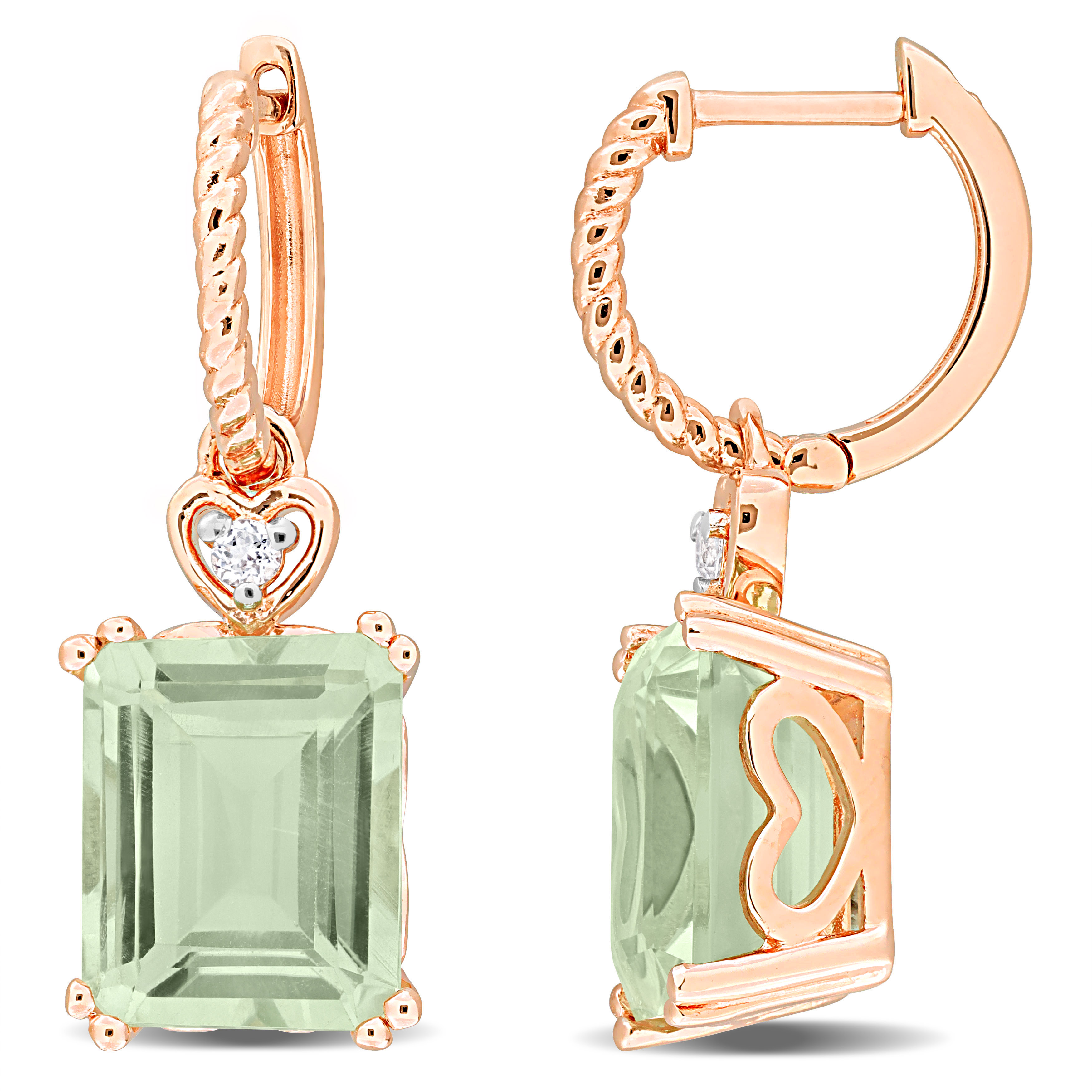 6 3/8ct TGW Green Quartz White Topaz Heart Earrings in Rose Plated Sterling Silver