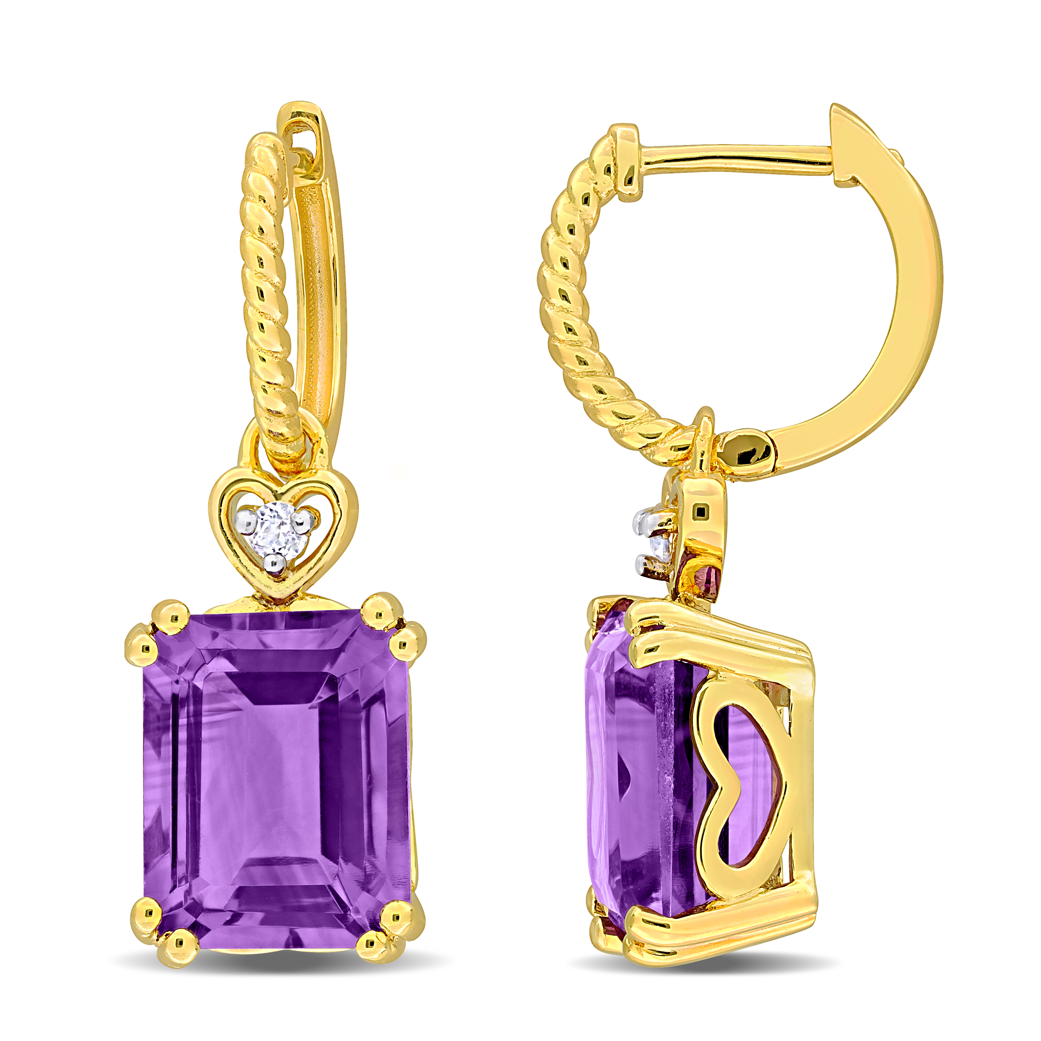 6 1/2ct TGW Amethyst & White Topaz Heart Earrings in Yellow Plated Sterling Silver