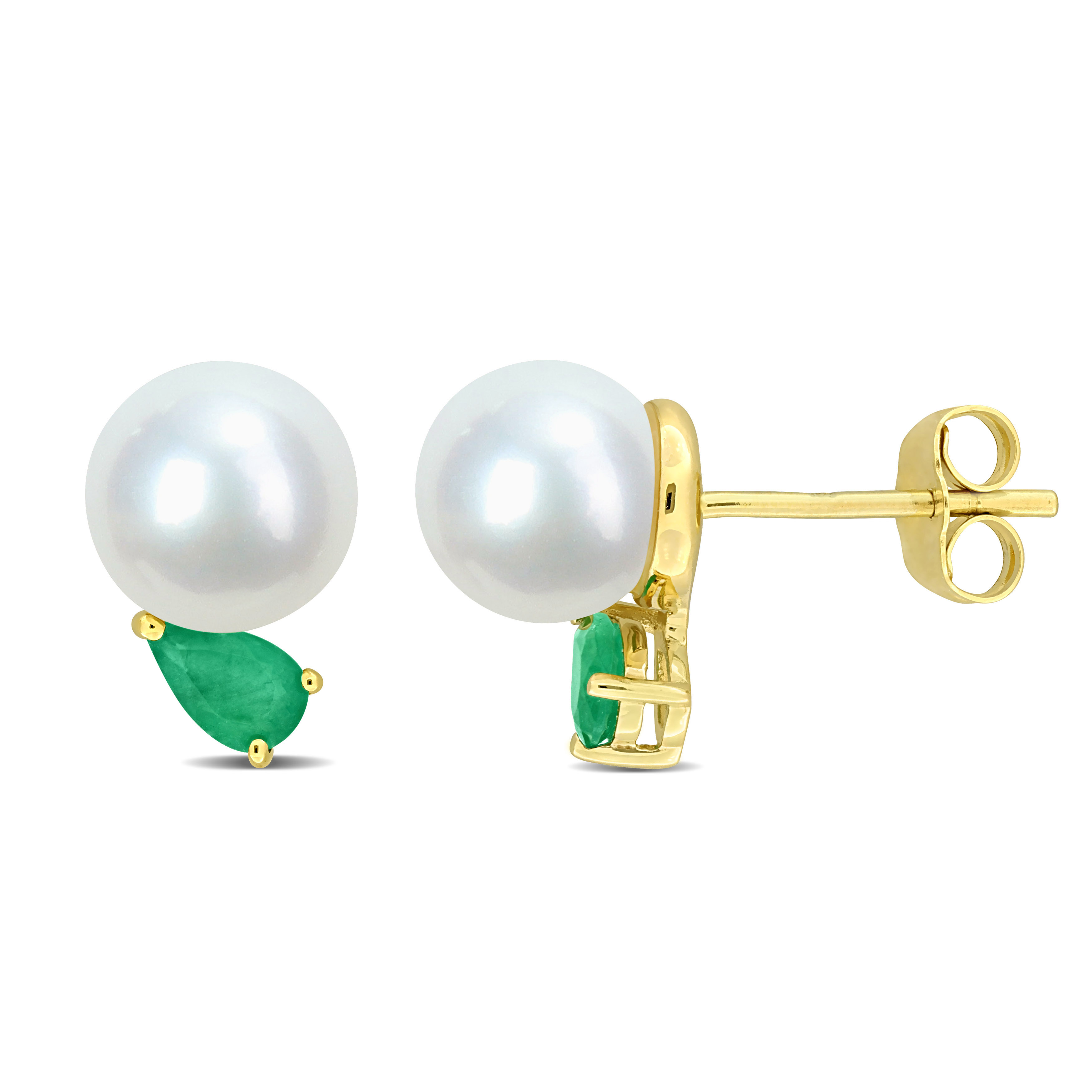 7-7.5 MM Freshwater Cultured Pearl and 3/8ct TGW Pear Cut Emerald Earrings in 14k Yellow Gold