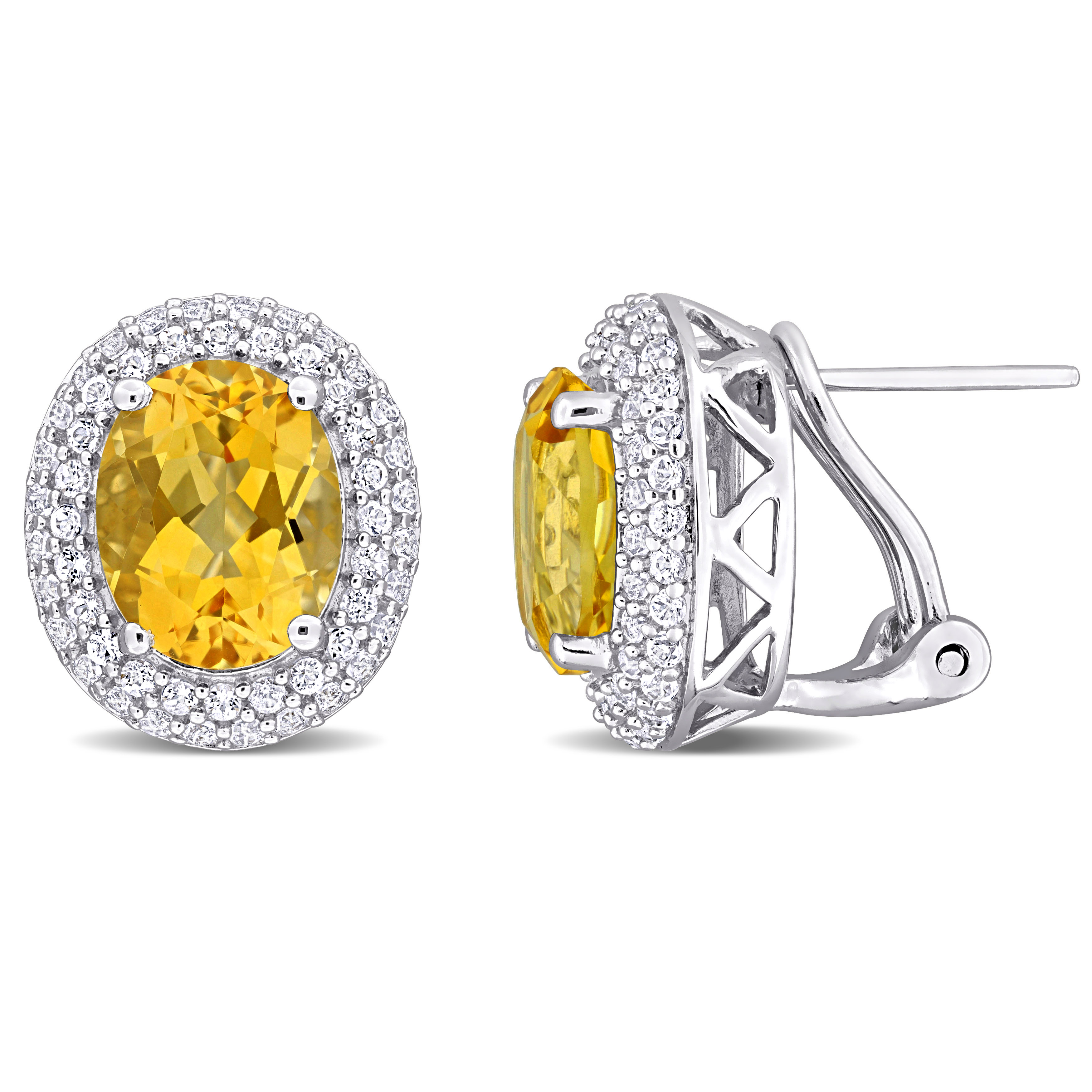 7 4/5ct TGW Citrine & White Topaz Double Halo Earrings with Omega Closures in Sterling Silver