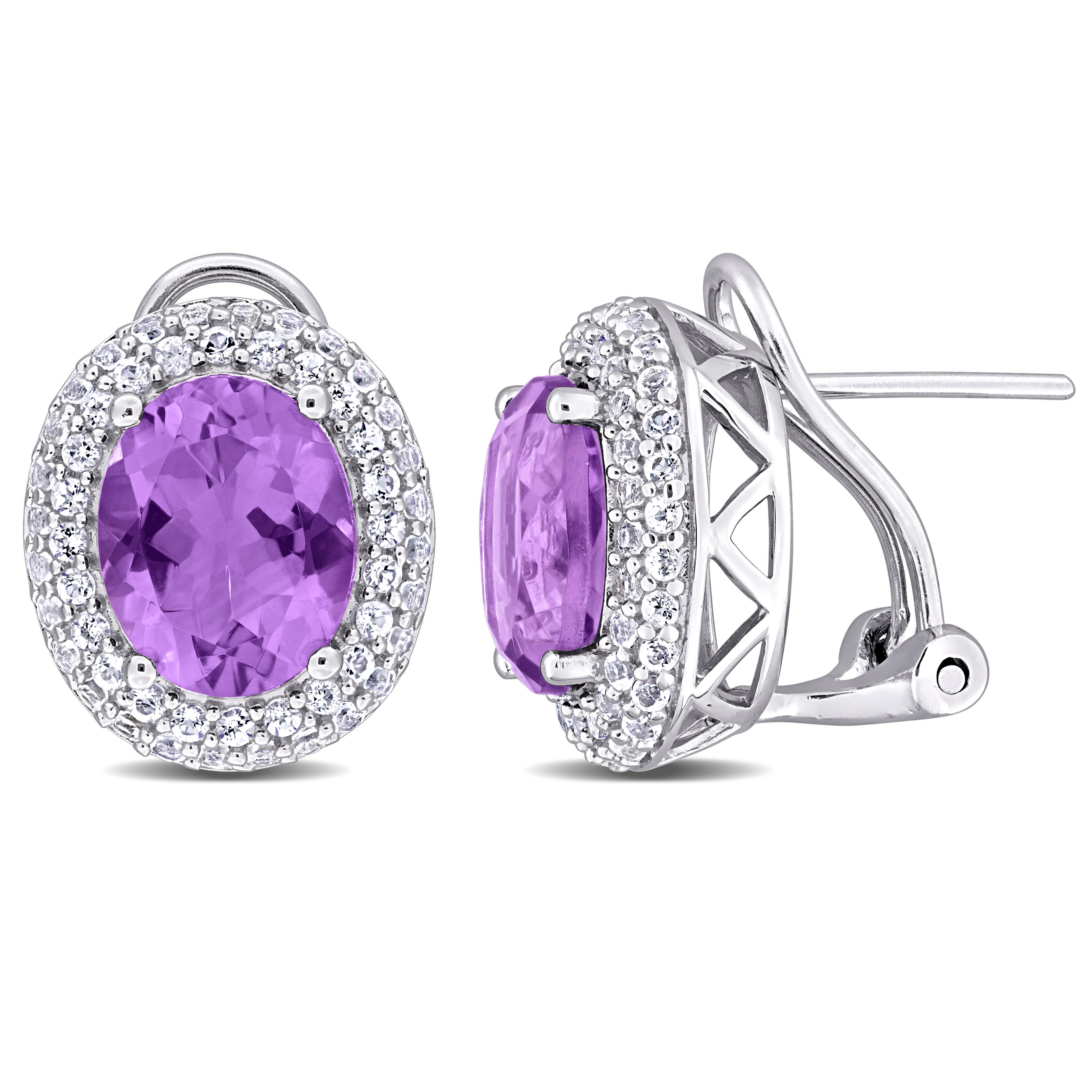 5 2/5ct TGW Amethyst & White Topaz Double Halo Earrings with Omega Closures in Sterling Silver