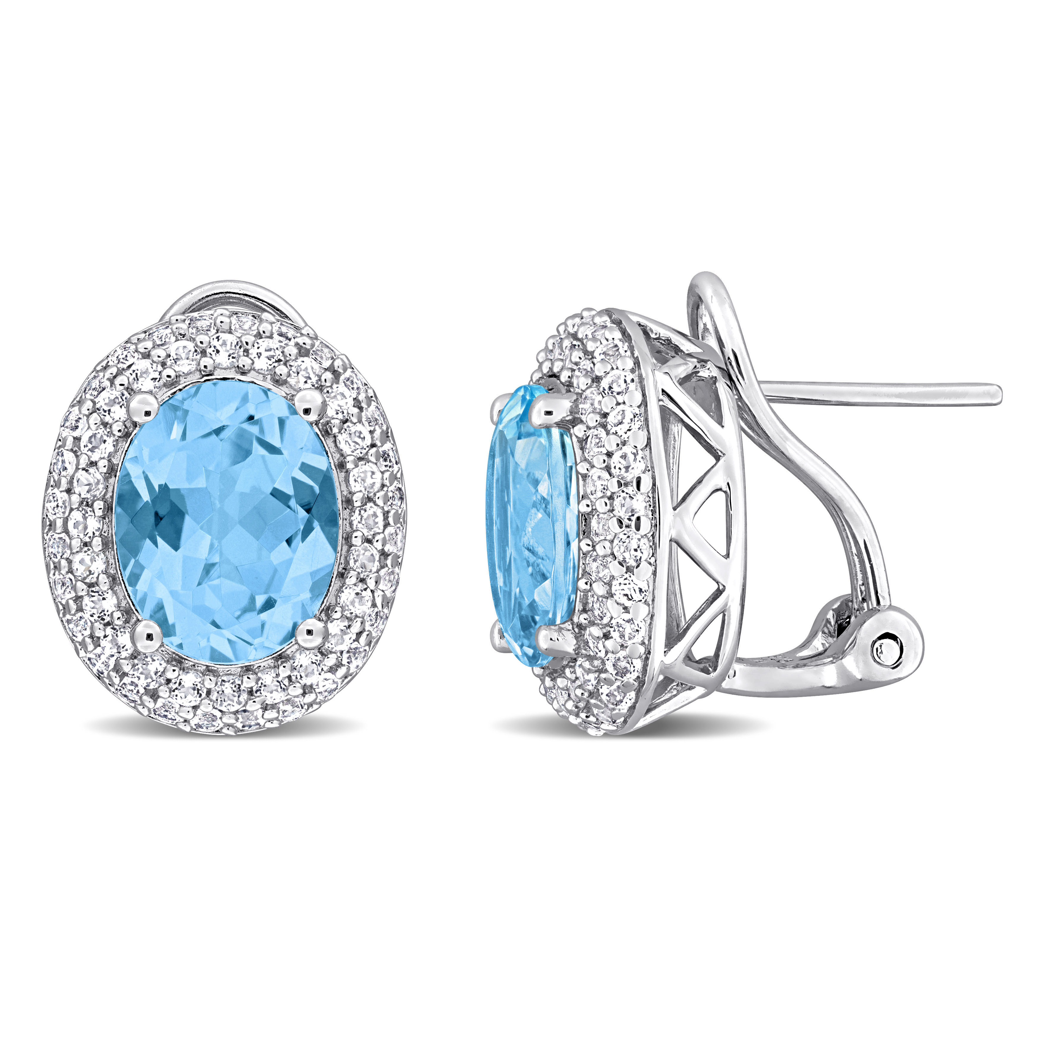 8 5/8ct TGW Sky Blue & White Topaz Double Halo Earrings with Omega Closures in Sterling Silver