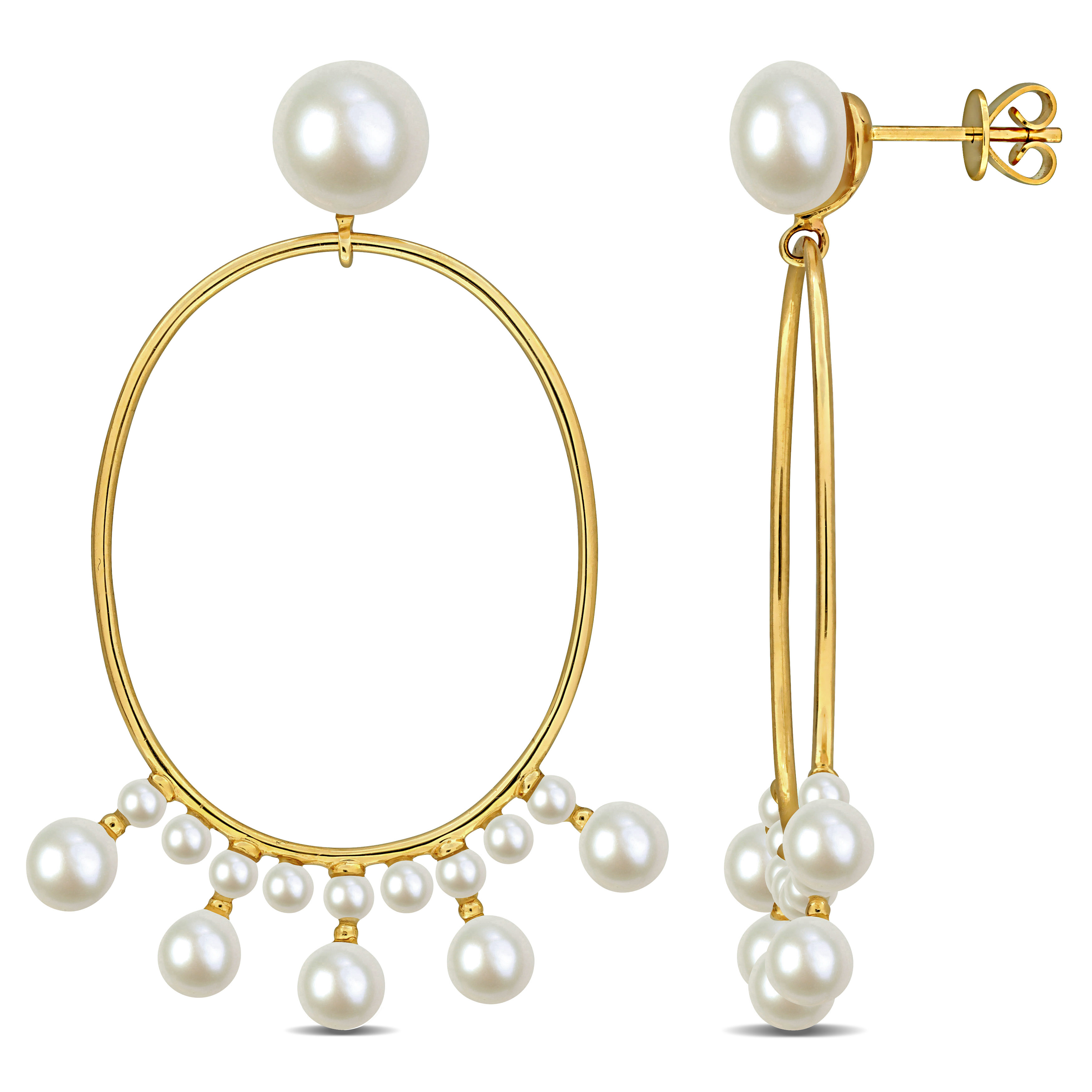 3-8.5mm Cultured Freshwater Pearl Hoop Drop Earrings in 10k Yellow Gold