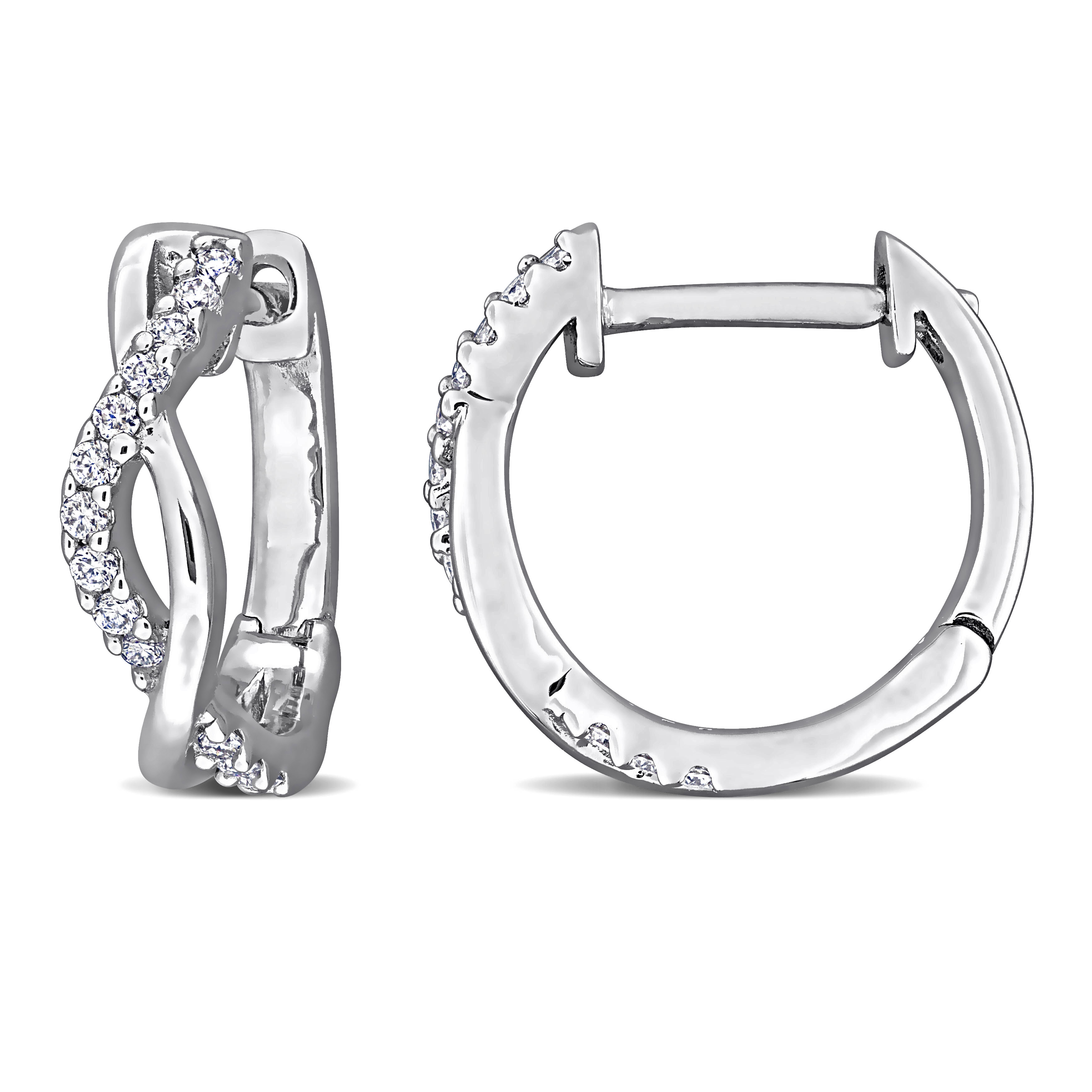 1/8ct DEW Created Moissanite Criss-Cross Hoop Earrings in Sterling Silver