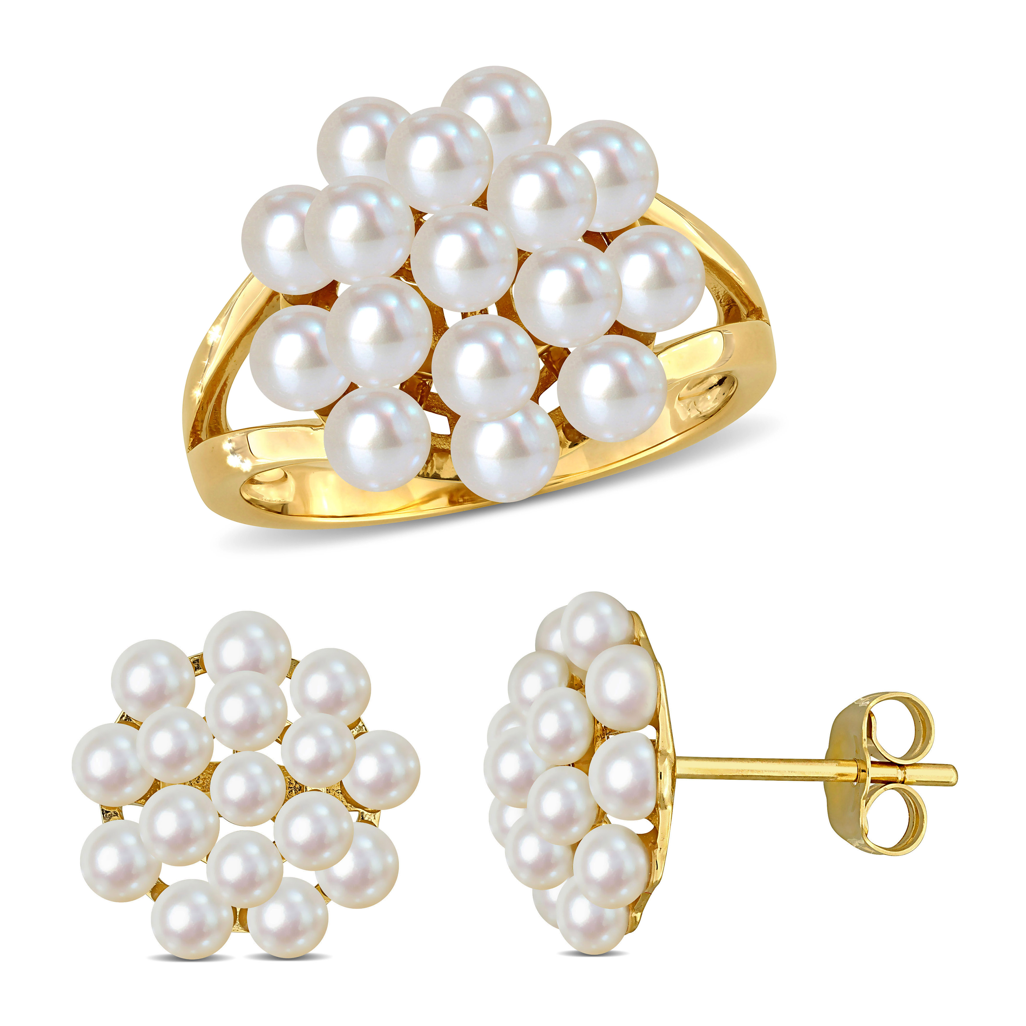 2.5-4mm Cultured Freshwater Pearl Cluster Stud Earrings and Ring Set in 14k Yellow Gold