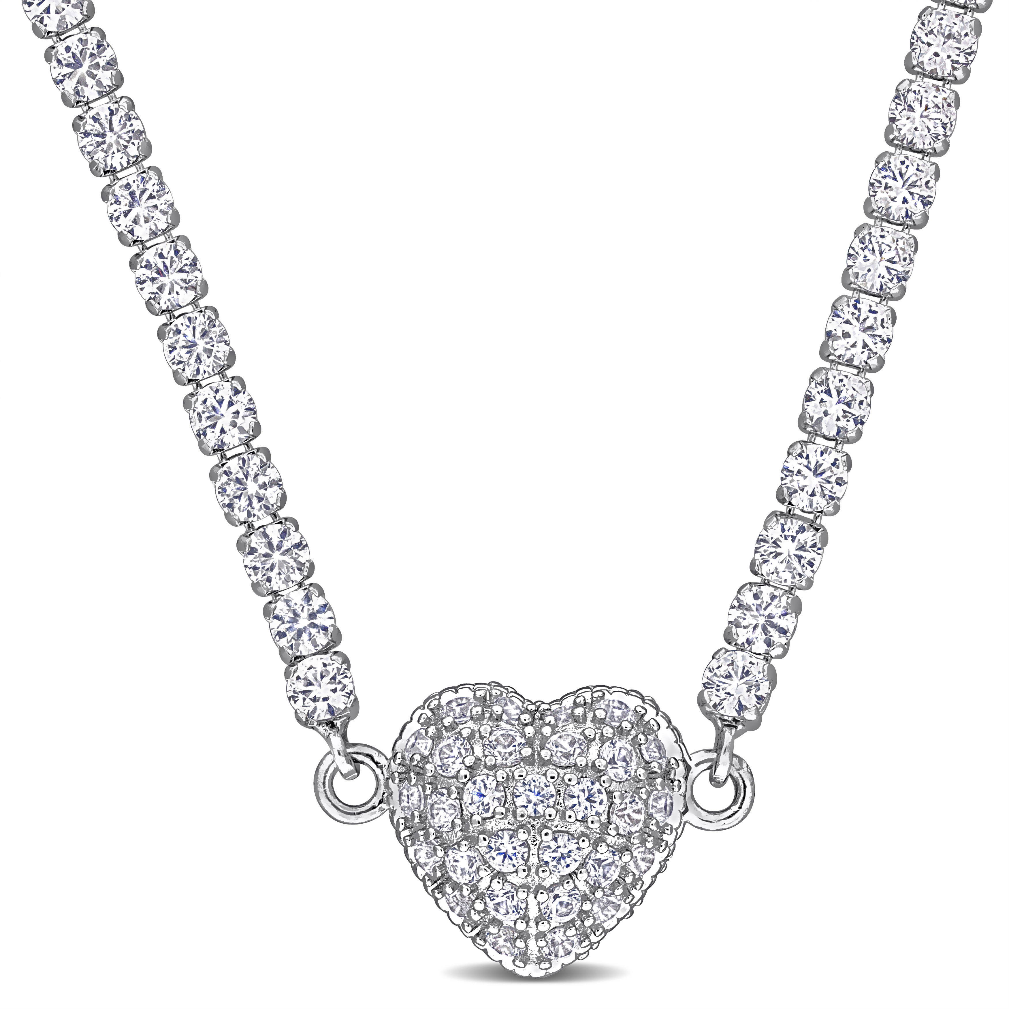 17 1/2 CT TGW Created White Sapphire Necklace with Heart Clasp in Sterling Silver